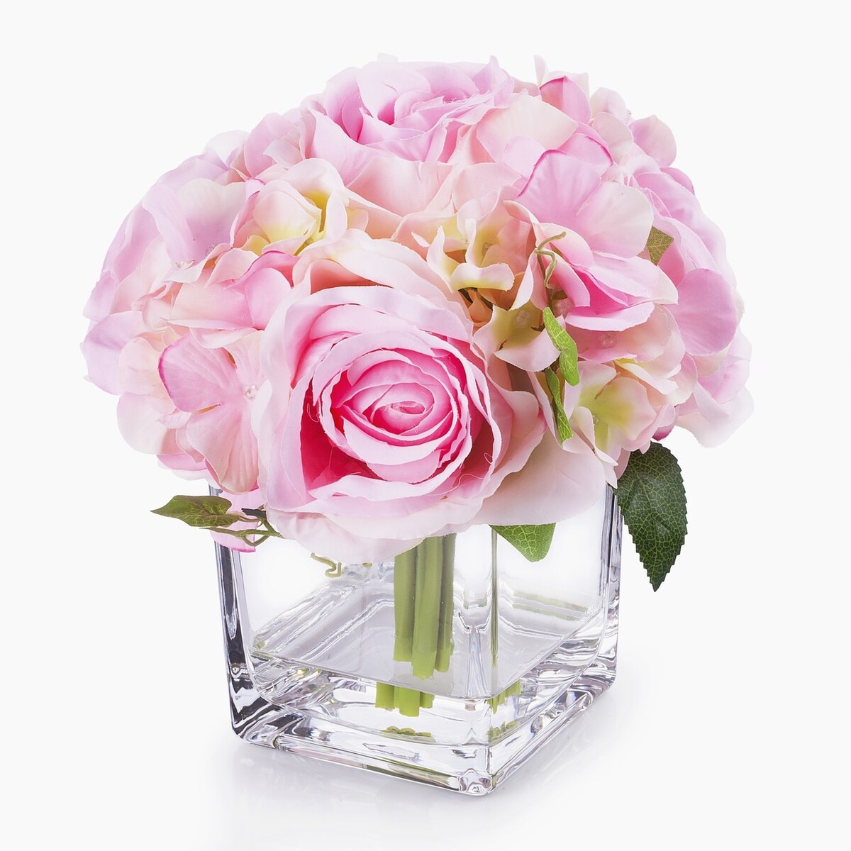 Enova Home Artificial Silk Hydrangea and Fake Roses Flowers Arrangement in Cube Glass Vase with Faux Water for Home Decoration