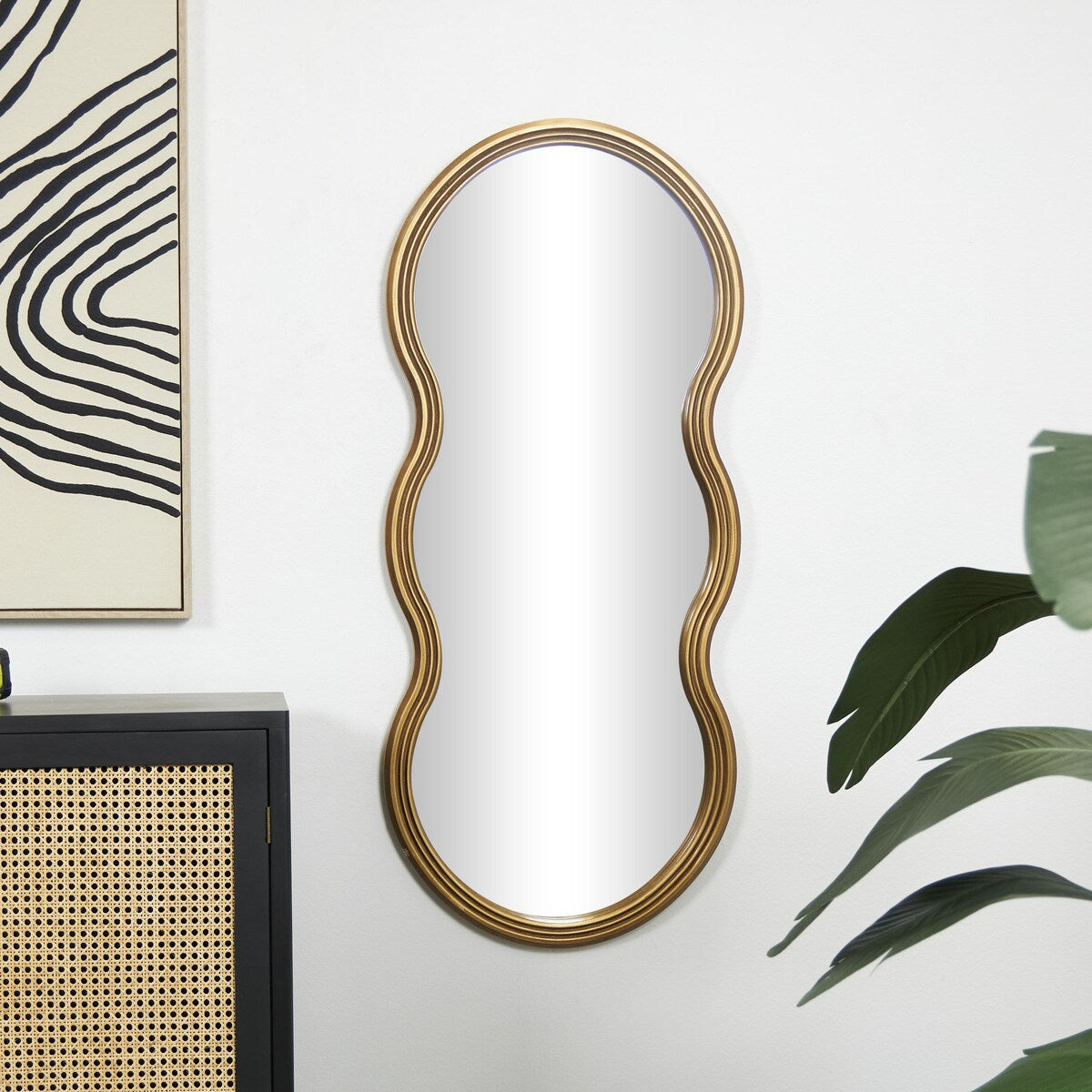 Wooden Wavy Shaped Room Wall Mirror with Ribbed Frame - Gold - Roche River Decor