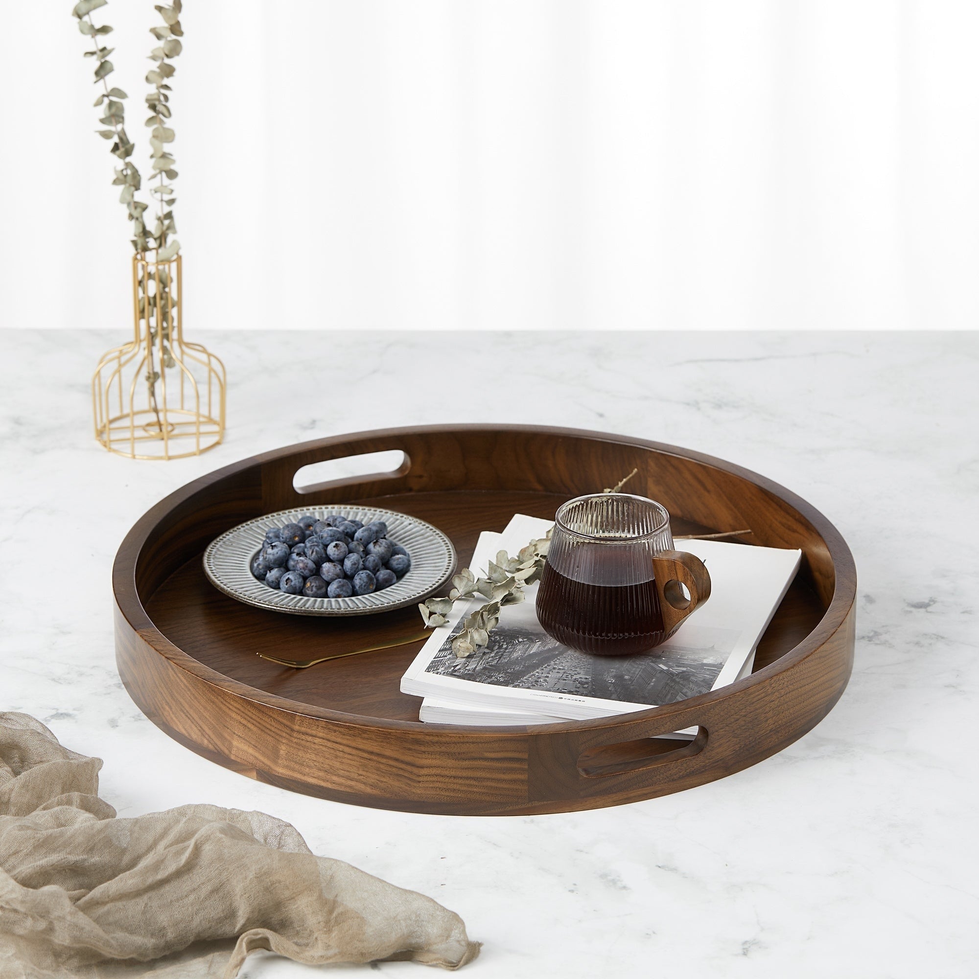 Round Black Walnut Wood Serving Tray Ottoman Tray with Handles