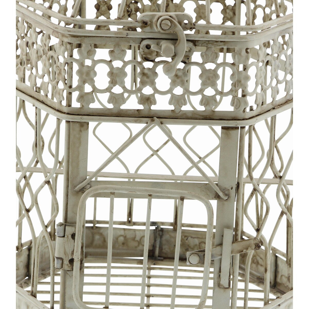 Metal Scroll Distressed Wire Birdcage with Latch Lock Closure and Hanging Hook - Set of 2 Cream - Roche River Decor