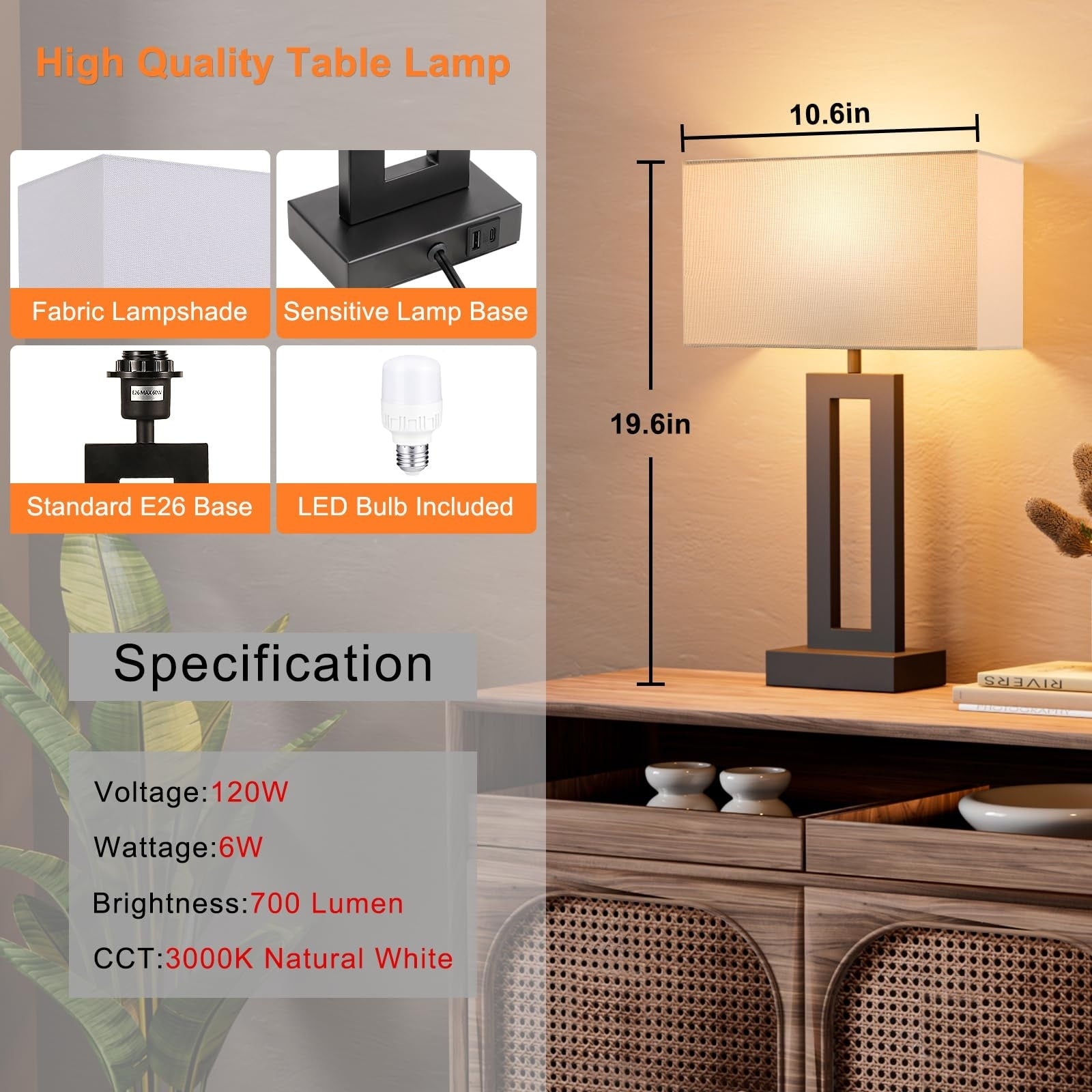 Nightstand Table Lamps for Bedrooms Set of 2 - Touch Bedside Lamp with USB C+A, 3 Way Dimmable Living Room Lamps