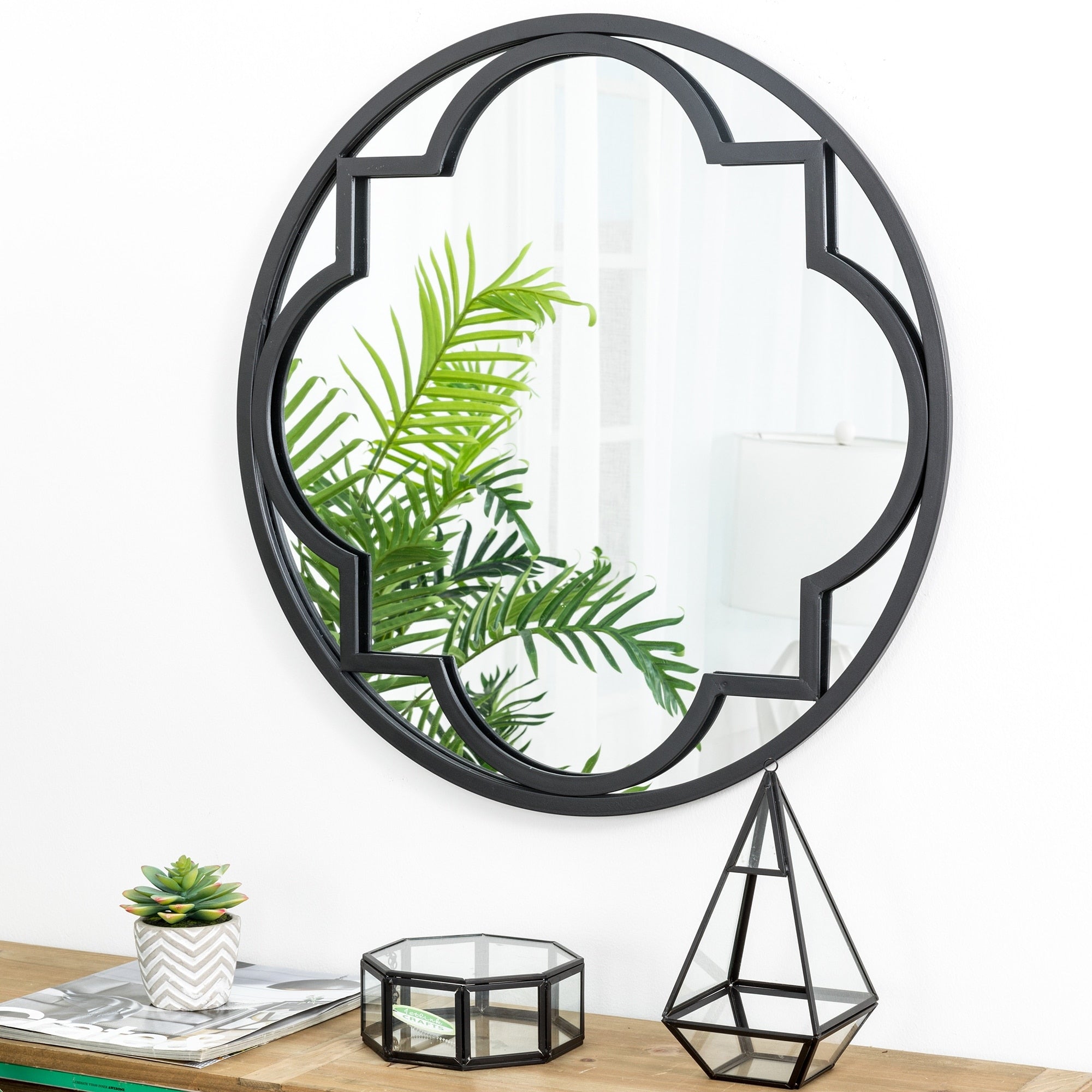 Glitzhome Modern Round/ Arched Black Metal Glass Wall Mounted Mirror Indoor Decor