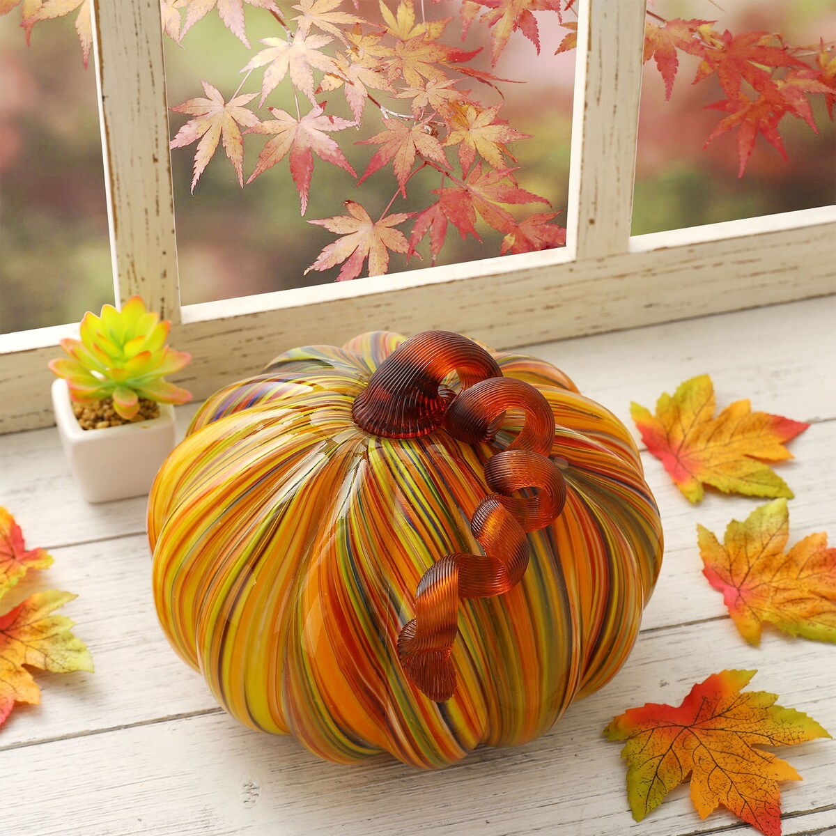 Glitzhome Fall Harvest Multi Striped Handblown Glass Pumpkins for Thanksgiving Decor