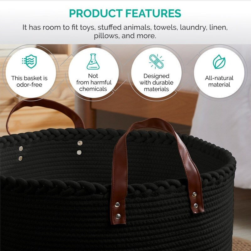 Large Round Cotton Rope Storage Basket Laundry Hamper with Leather Handles, 21 x 21 x 14 - 21 x 21 x 14