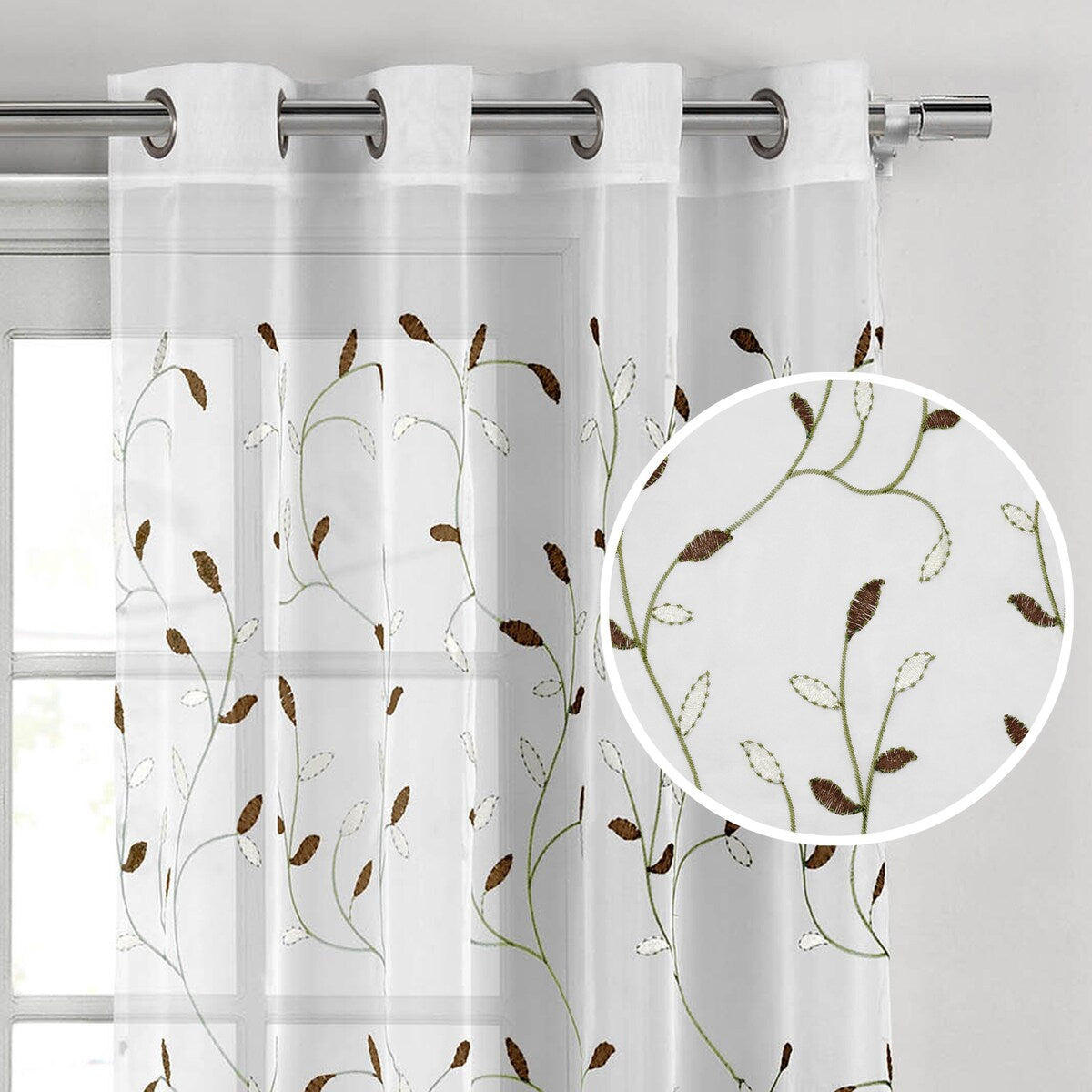 Wavy Leaves Embroidered Sheer Extra Wide Window Curtain (Single Panel)