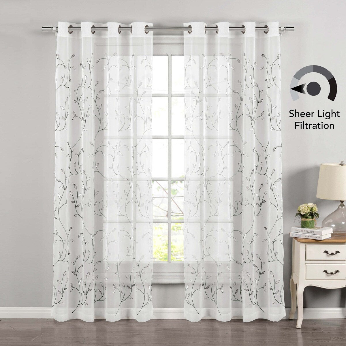 Wavy Leaves Embroidered Sheer Extra Wide Window Curtain (Single Panel)