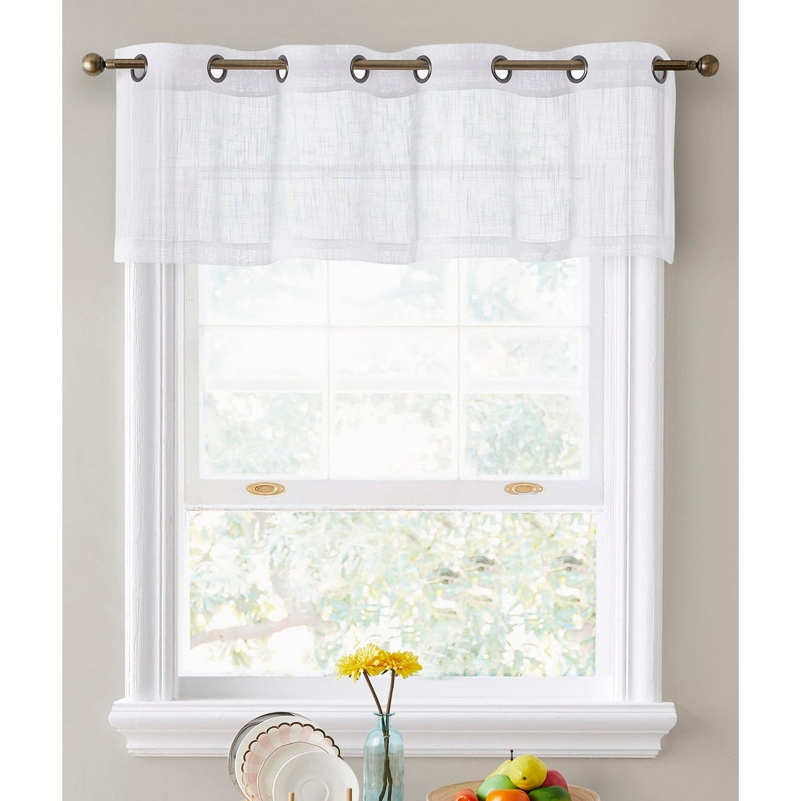 HLC.me Abbey Faux Linen Textured Semi Sheer Grommet Curtain Tiers Valance Small Windows, Bedroom & Bathroom