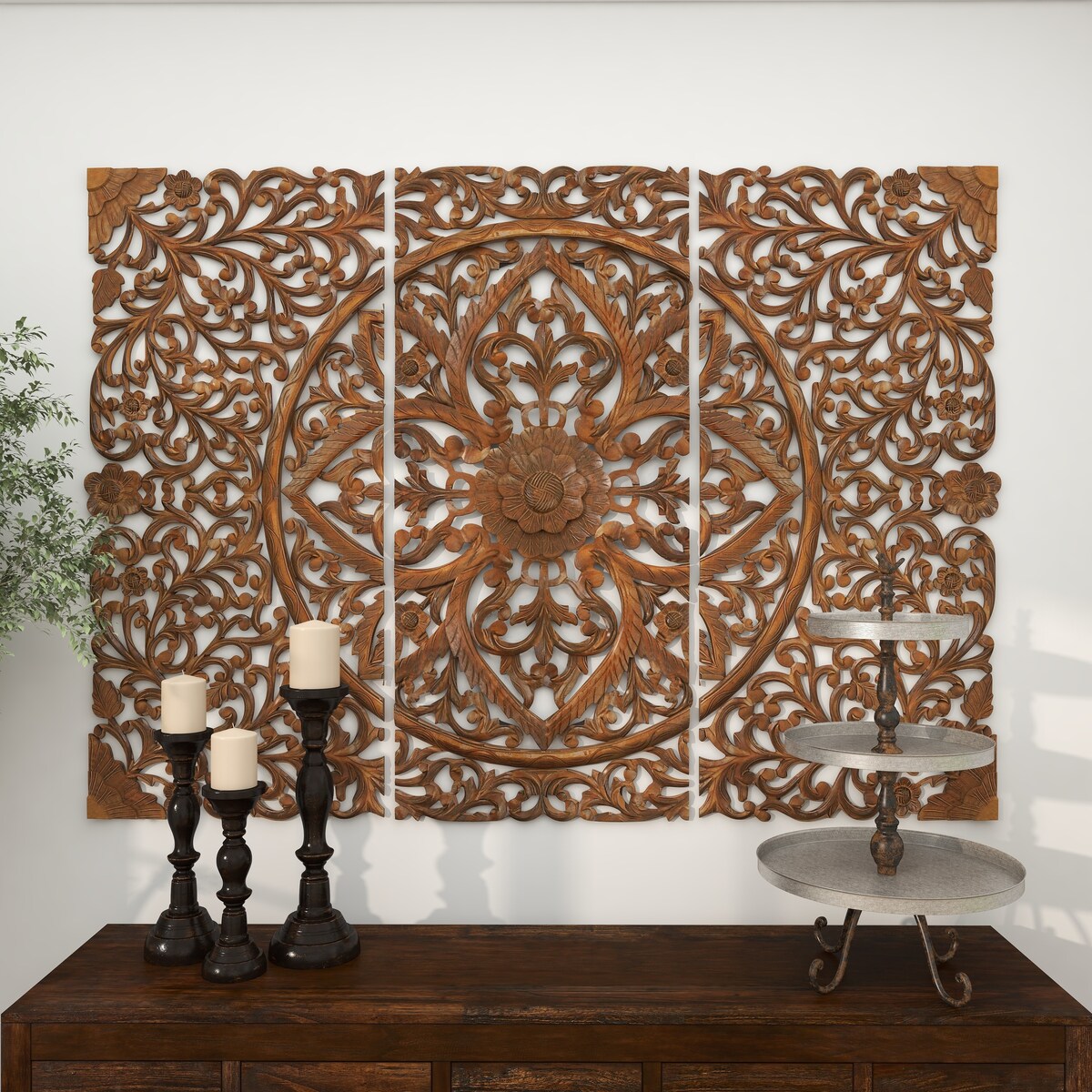 Wooden Floral Handmade Intricately Carved Home Wall Decor - Set of 3 Brown - Roche River Decor