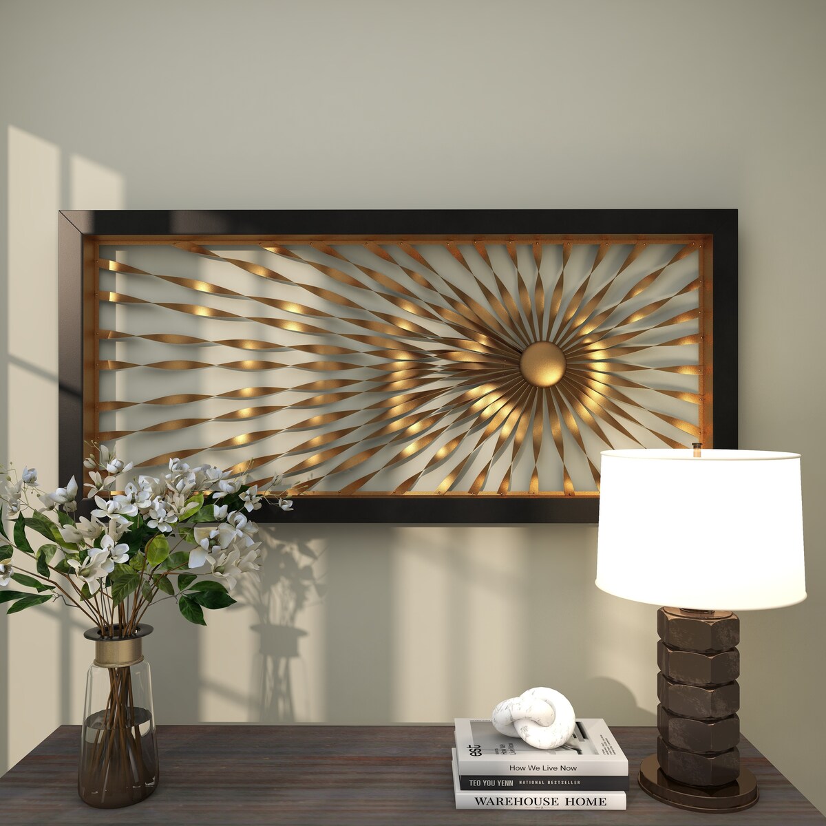 Metal Sunburst Coiled Ribbon Home Wall Decor with Black Frame - Gold - Roche River Decor