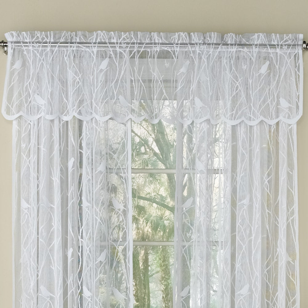 White Knit Lace Bird Motif Window Curtain Tiers, Valance and Swag Pair Options