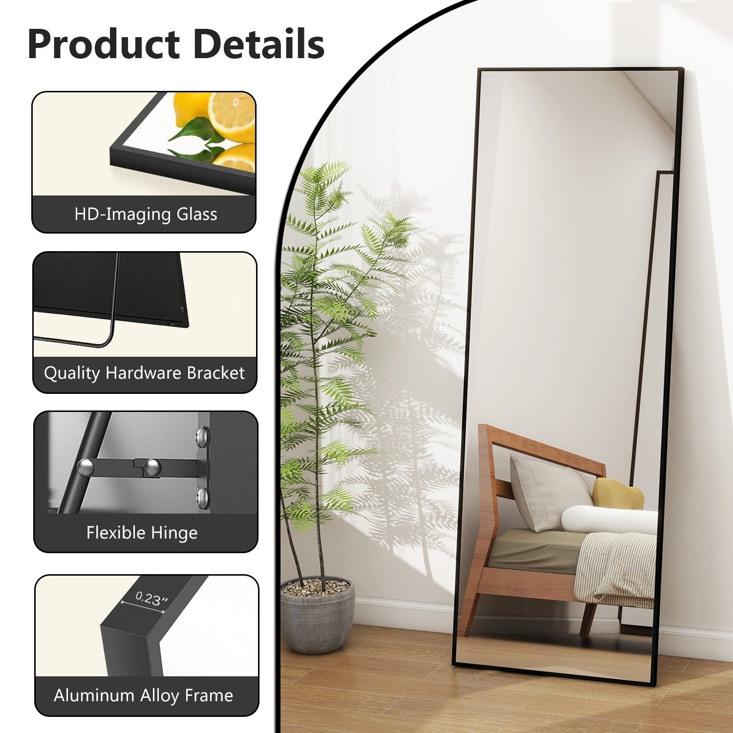 Full Length Mirror Standing Rectangle Black Frame Floor Mirrors Body Dressing Wall-Mounted Mirror