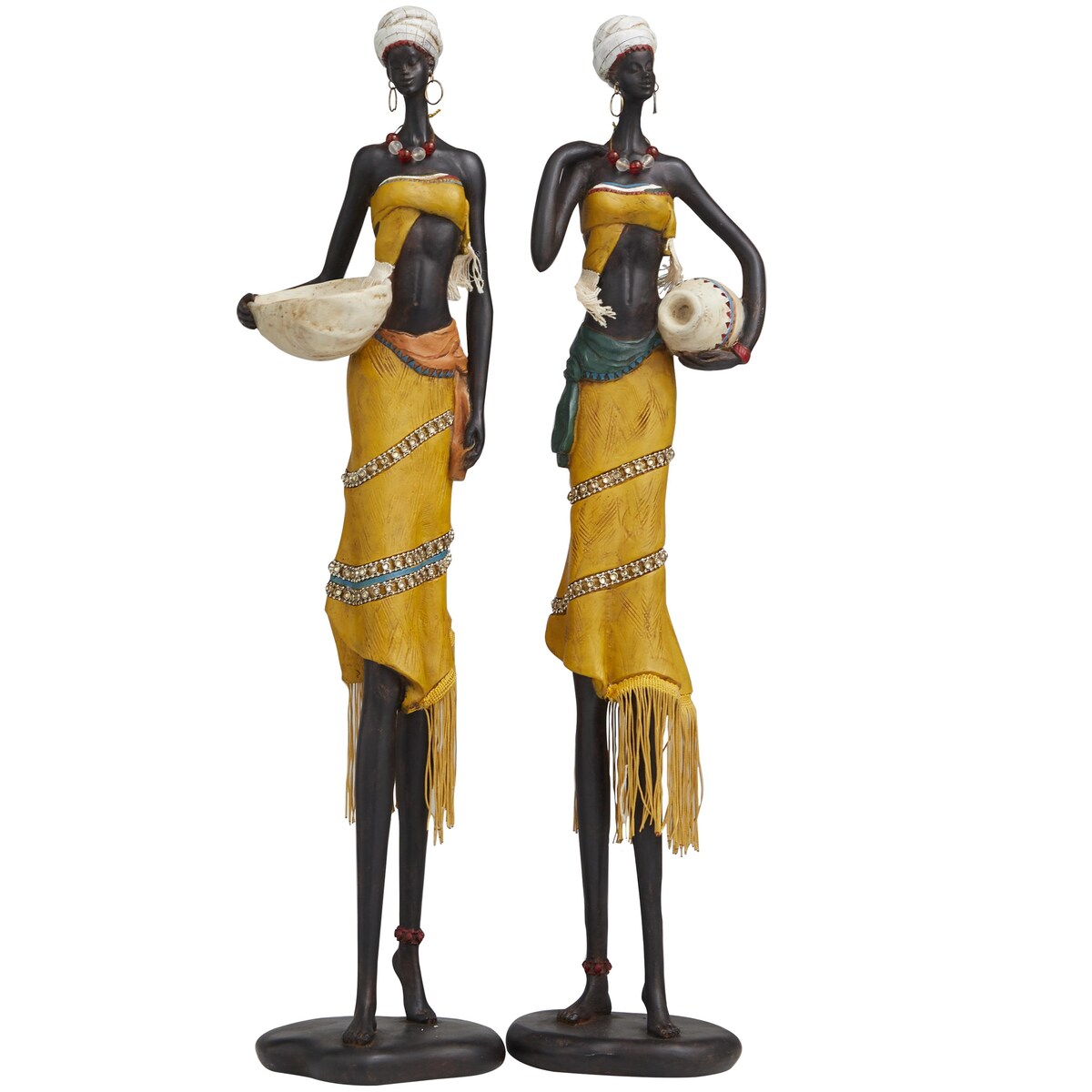 Polystone People Handmade African Woman Decorative Sculpture with Jeweled Details - Set of 2 Yellow - Roche River Decor