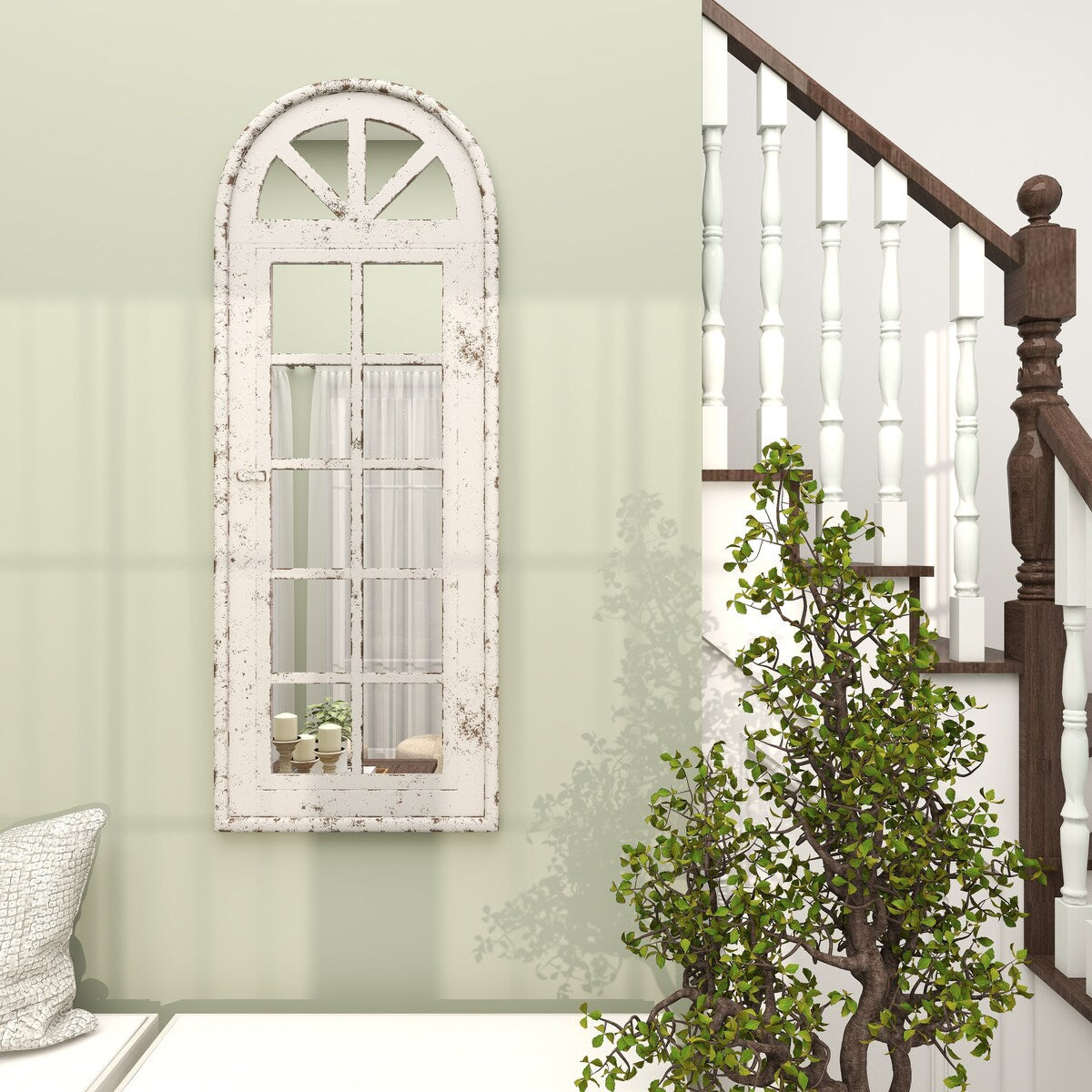 Wooden Window Pane Inspired Room Wall Mirror with Arched Top and Distressing - White - Roche River Decor