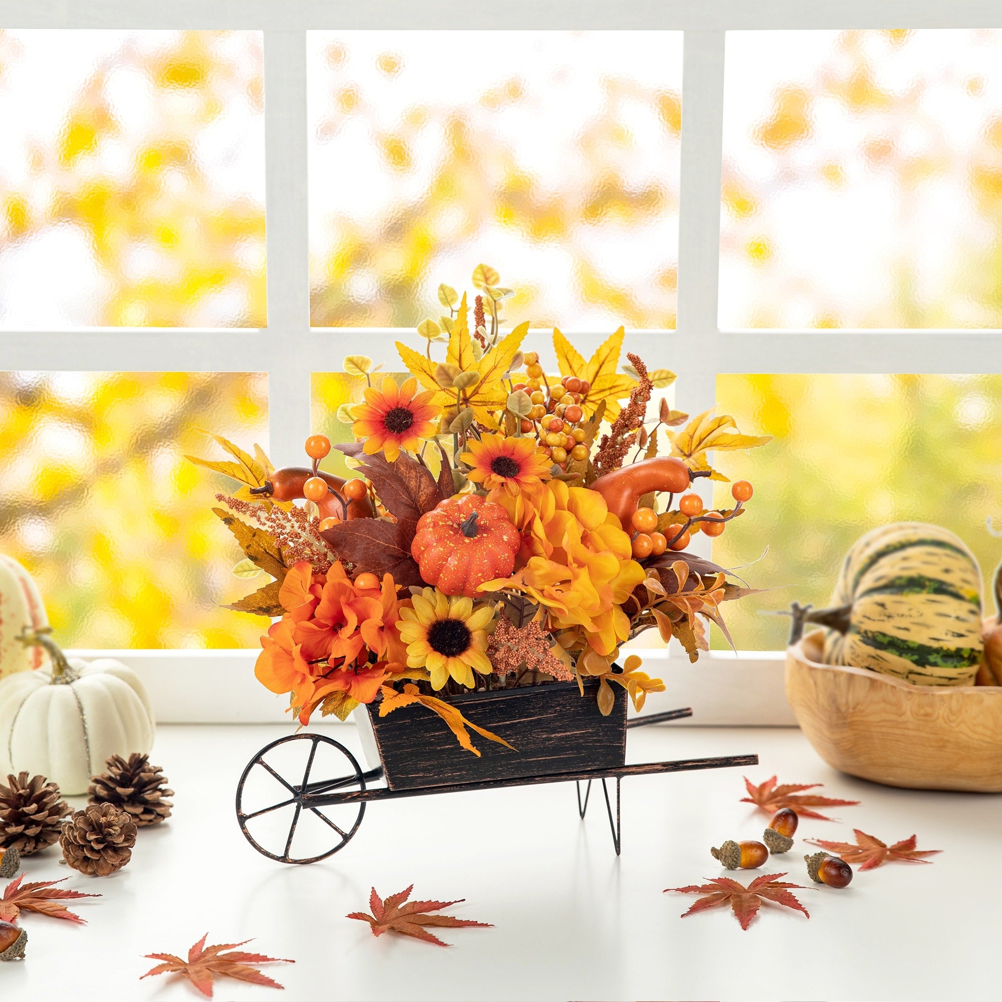 Glitzhome 14L Fall Unique Floral Cart Centerpiece Thanksgiving Table Decor