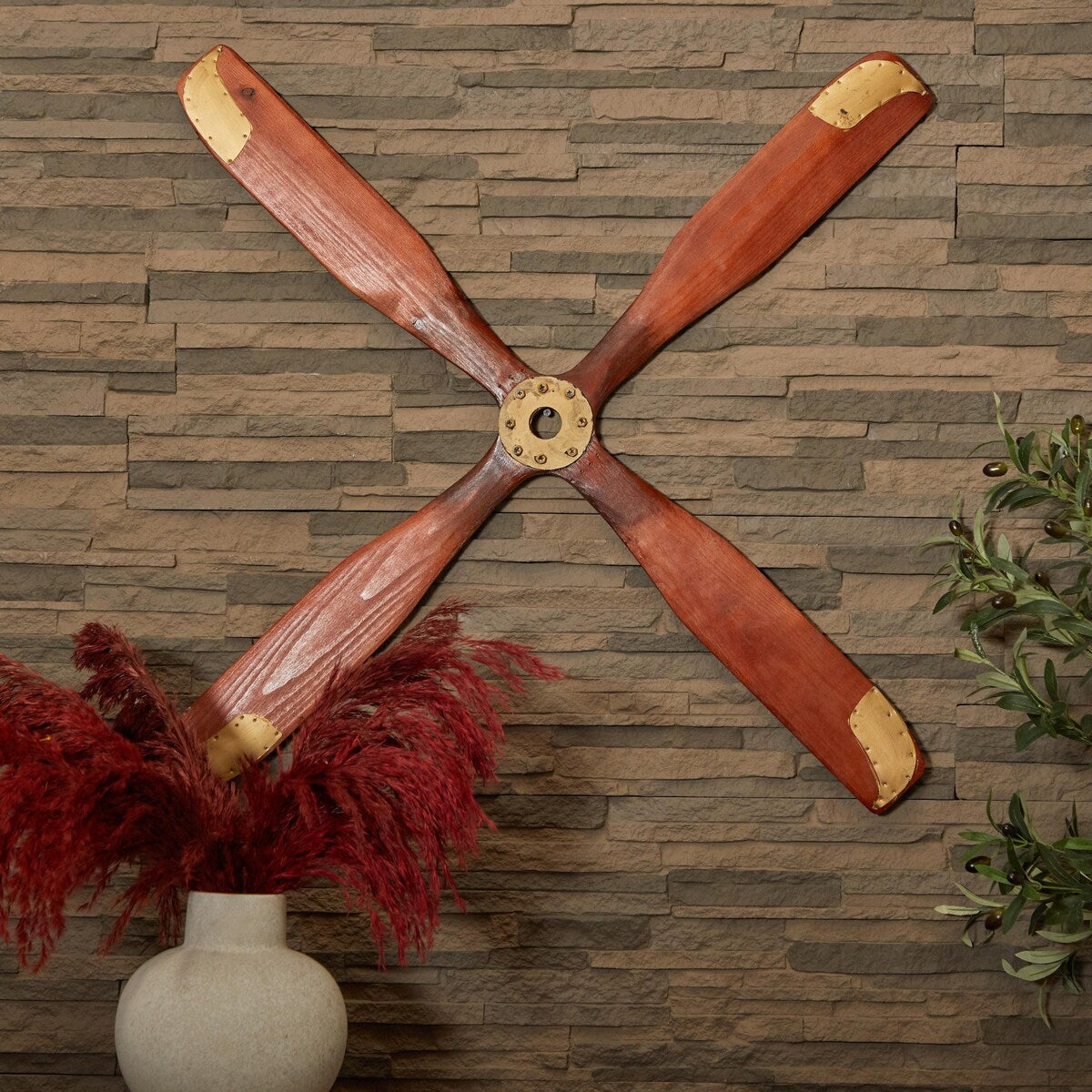 Wood Airplane Propeller 4 Blade Home Wall Decor with Aviation Detailing - Brown - Roche River Decor