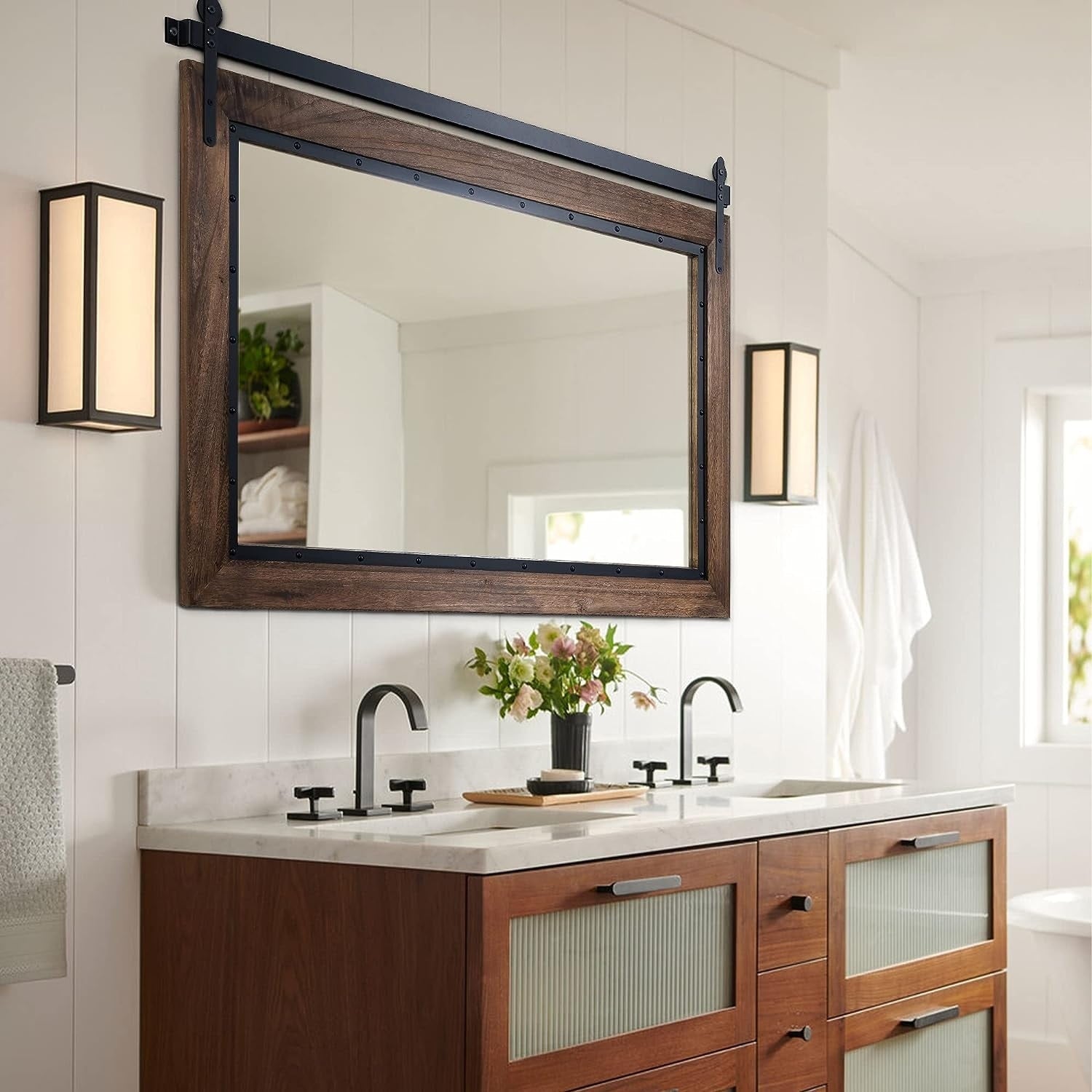 Farmhouse Barn Door Style Natural Wood Bathroom Vanity Wall Mirror