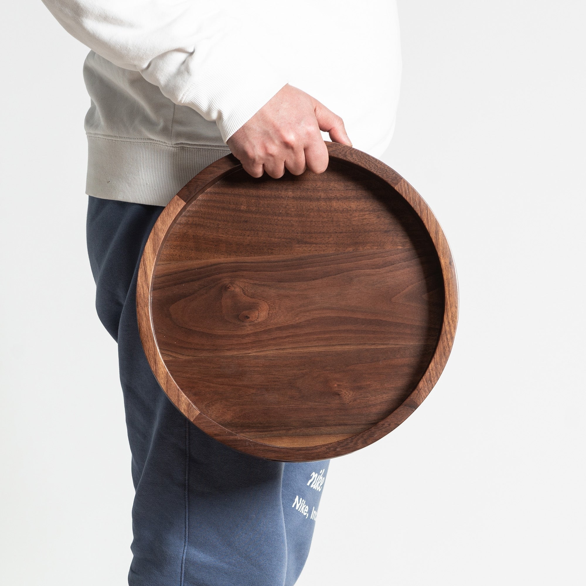 Round Black Walnut Wood Serving Tray Ottoman Tray with Handles