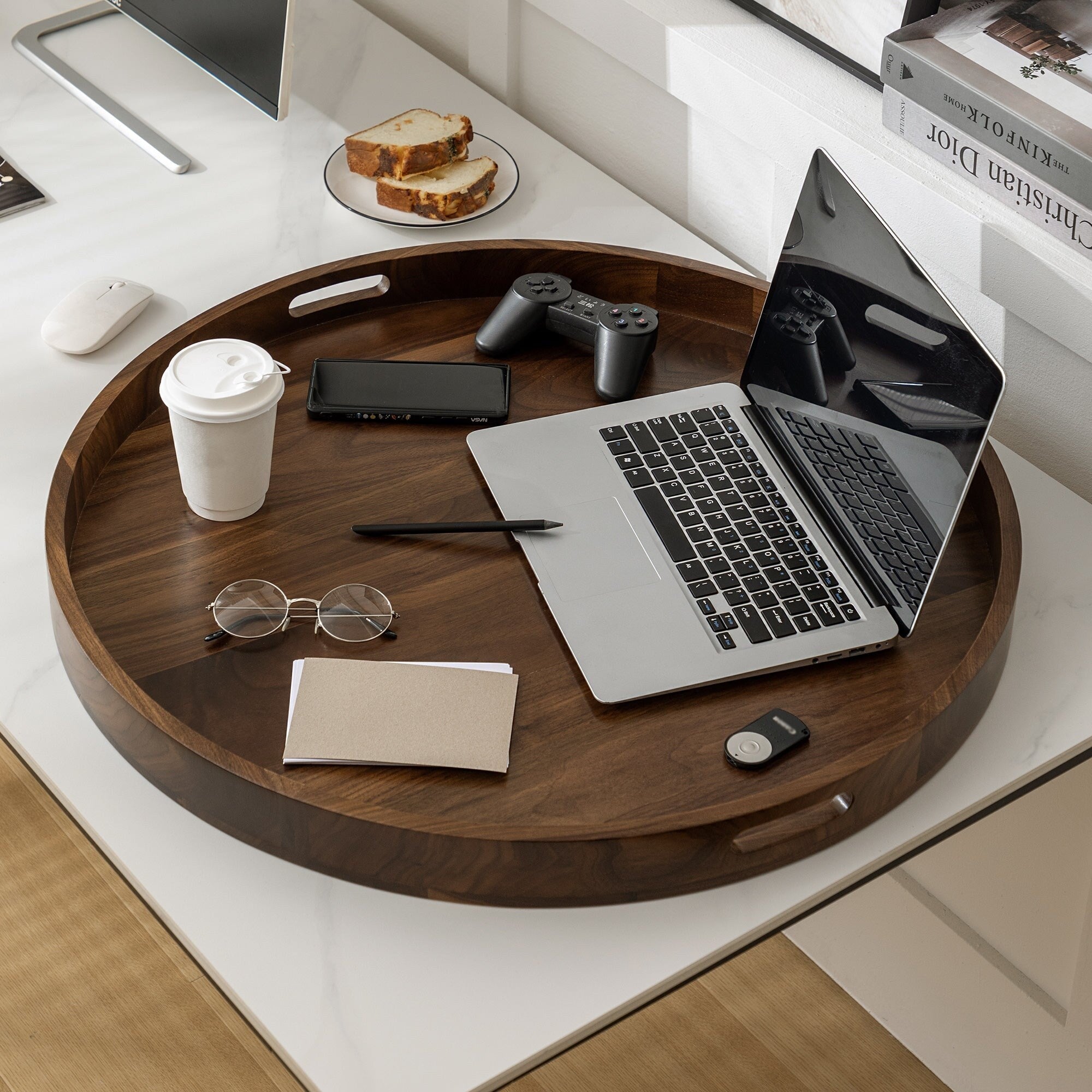 Round Black Walnut Wood Serving Tray Ottoman Tray with Handles