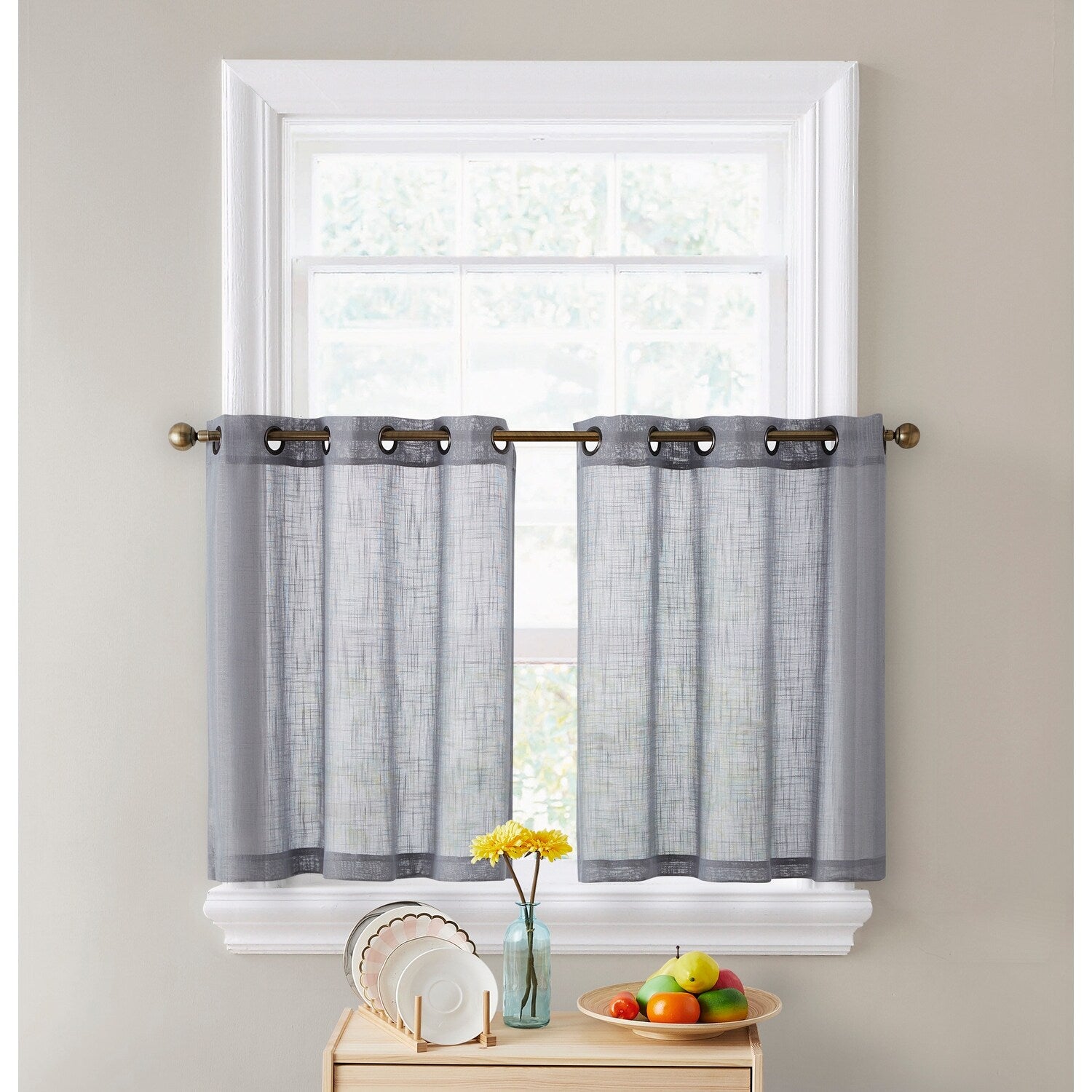 HLC.me Abbey Faux Linen Textured Semi Sheer Grommet Curtain Tiers Valance Small Windows, Bedroom & Bathroom