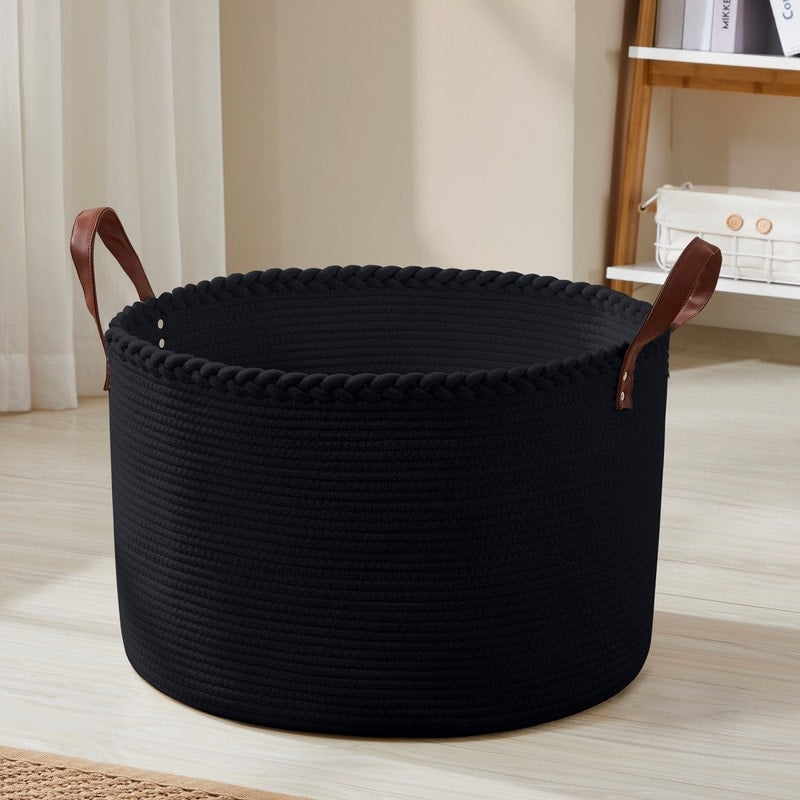 Large Round Cotton Rope Storage Basket Laundry Hamper with Leather Handles, 21 x 21 x 14 - 21 x 21 x 14