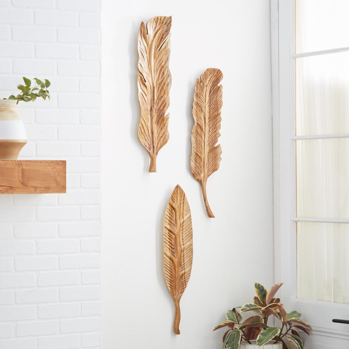 Teak Wood Bird Handmade Carved Feather Home Wall Decor - Set of 3 Brown - Roche River Decor