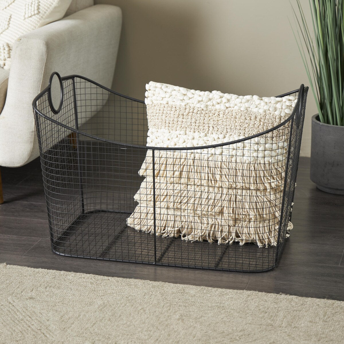 Metal Wire Grid Decorative and Functional Storage Basket with Curved Edges Ring Handles - Gold or Black - Roche River Decor