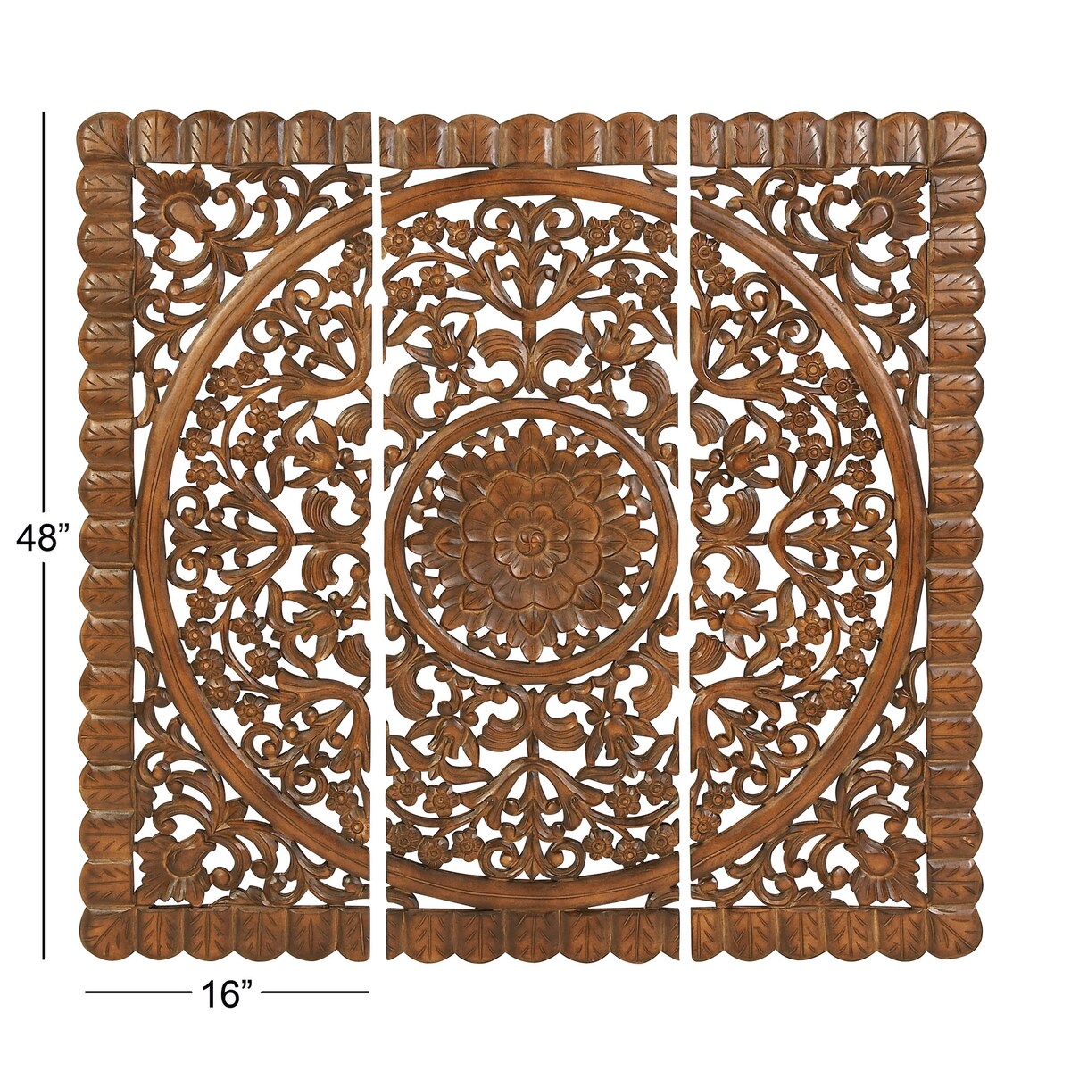 Wooden Floral Handmade Intricately Carved Mandala Panel Home Wall Decor - Set of 3 Brown - Roche River Decor