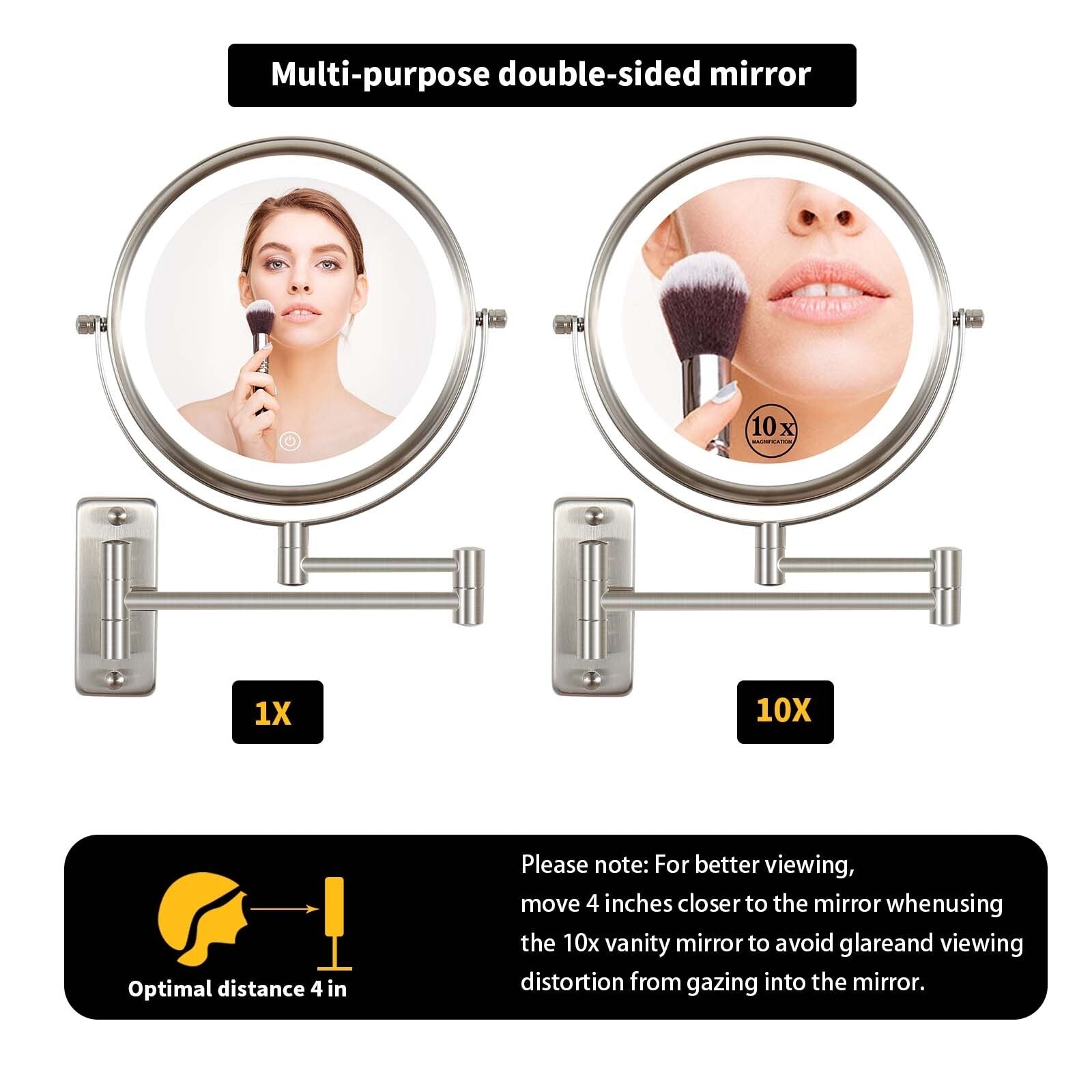 8 Round Wall Mount Bathroom Makeup Mirror, Rechargeable, Magnification 1x/10x, 3 Color Lights