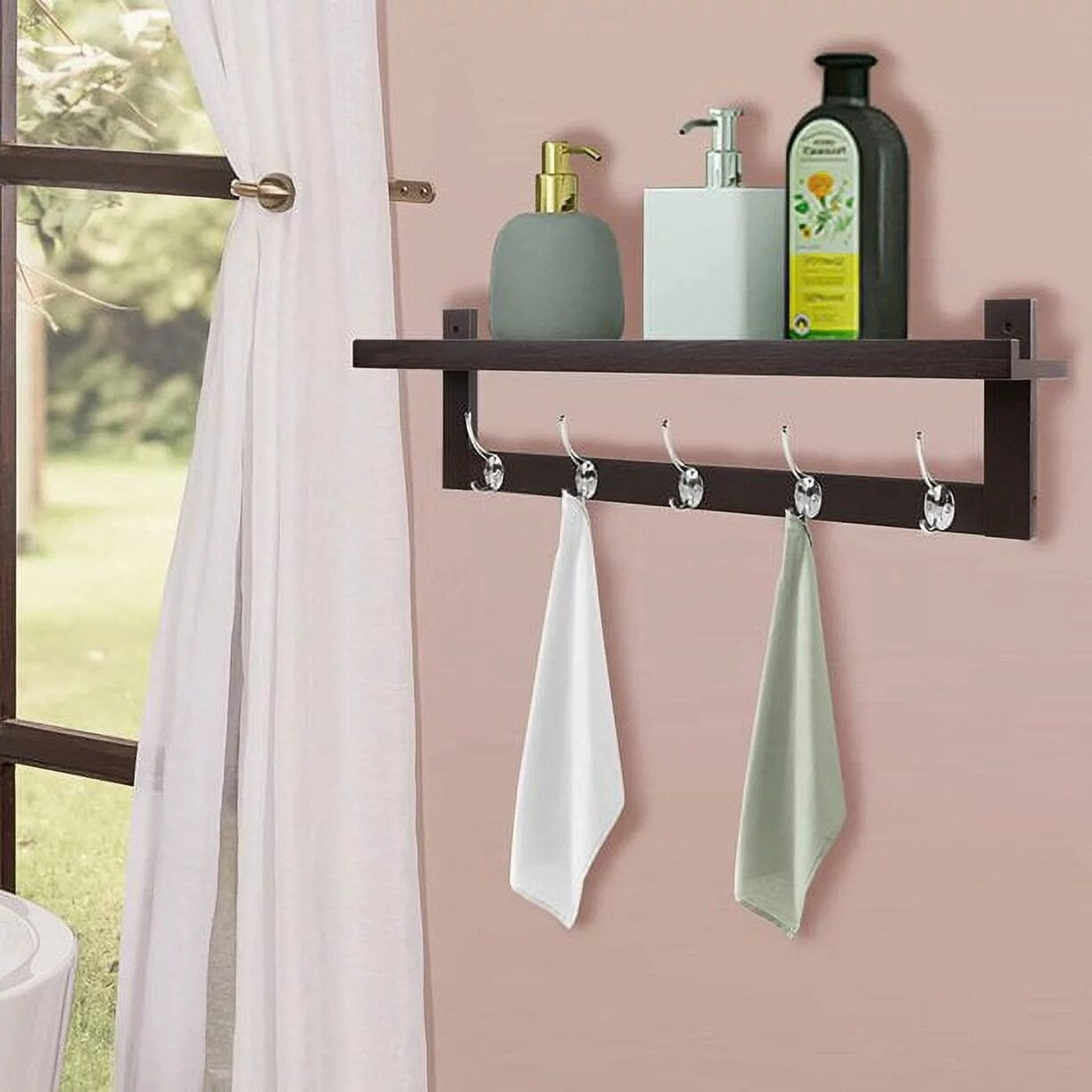 Wall Hooks, Entryway Wall Hanging Shelf Wood Coat Hooks Rack with Hooks for Bathroom, Living Room, Bedroom