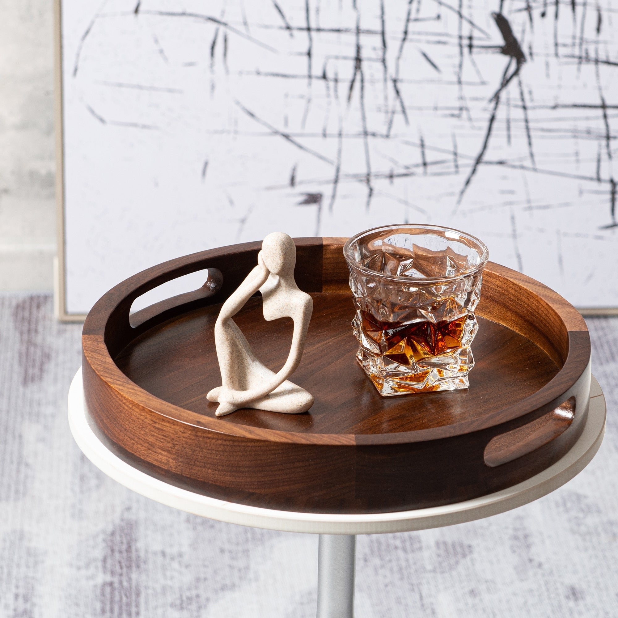 Round Black Walnut Wood Serving Tray Ottoman Tray with Handles