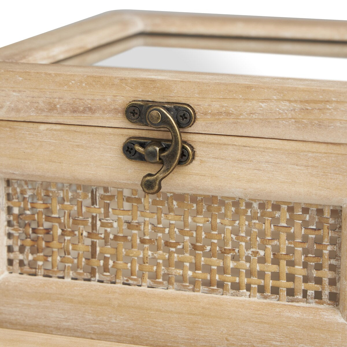 Wood Glass Top Decorative Box with Rattan Side Panels and Bronze Hook Closures - Set of 2 Light Brown - The Novogratz