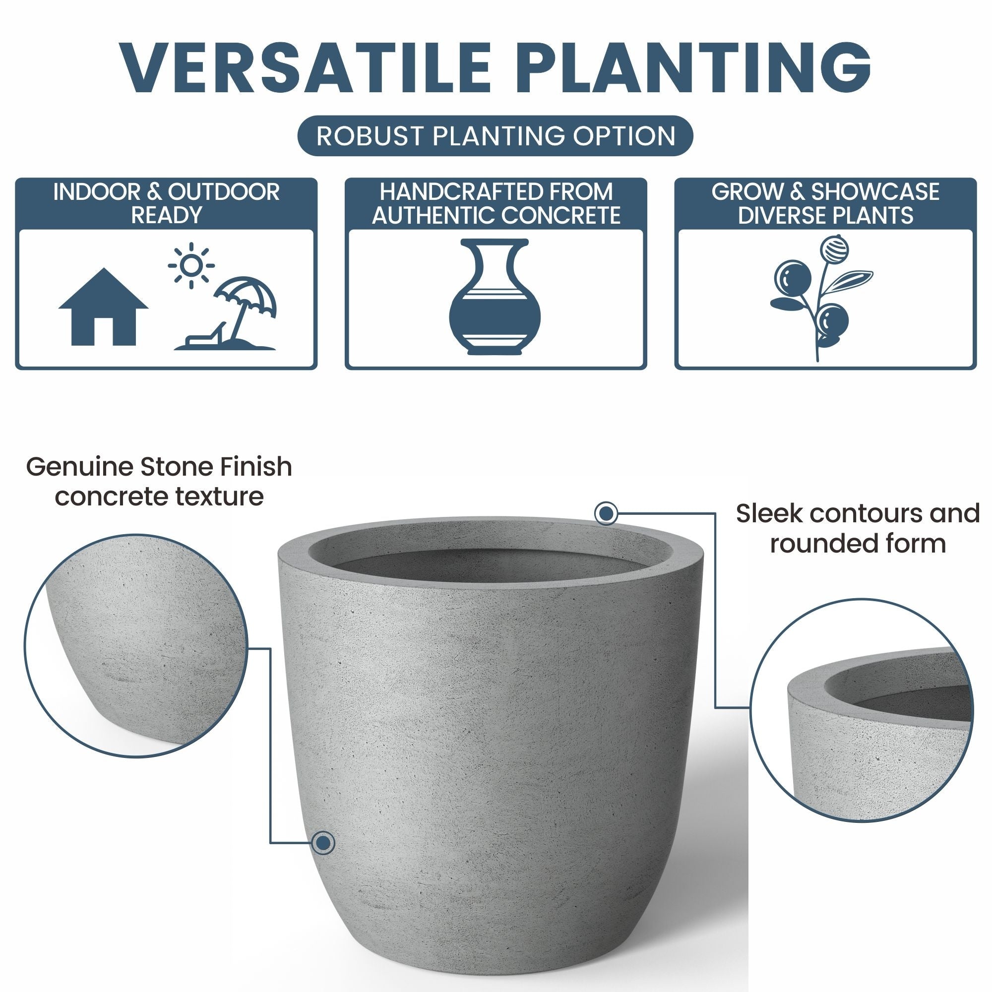 Tall Concrete Round Plant Pots / Large Indoor and Outdoor flower Planters