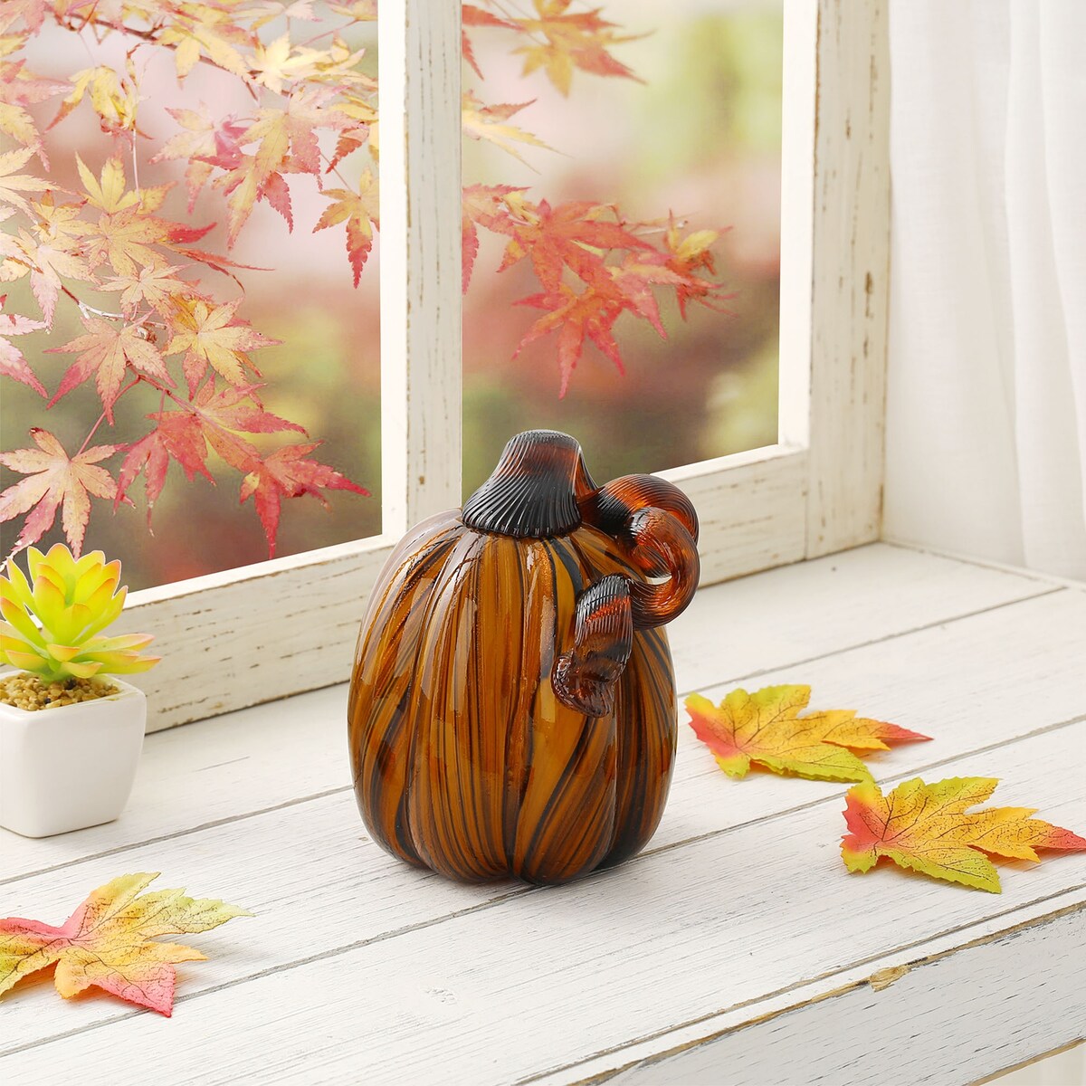 Glitzhome Fall Harvest Multi Striped Handblown Glass Pumpkins for Thanksgiving Decor