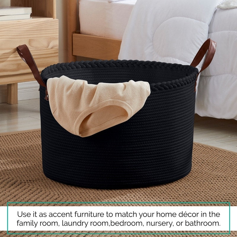 Large Round Cotton Rope Storage Basket Laundry Hamper with Leather Handles, 21 x 21 x 14 - 21 x 21 x 14