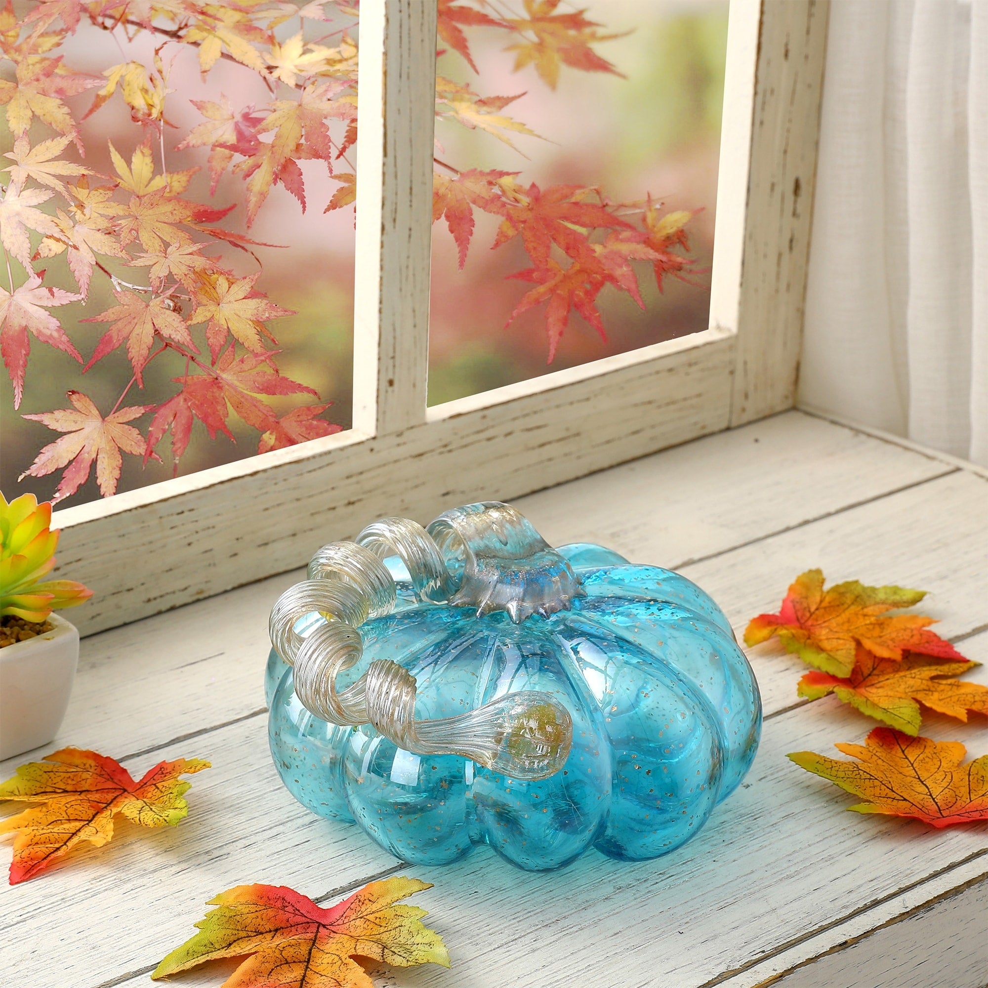 Glitzhome Hand Blown Blue Glass Pumpkin Thanksgiving Table Decor Christmas Gifts