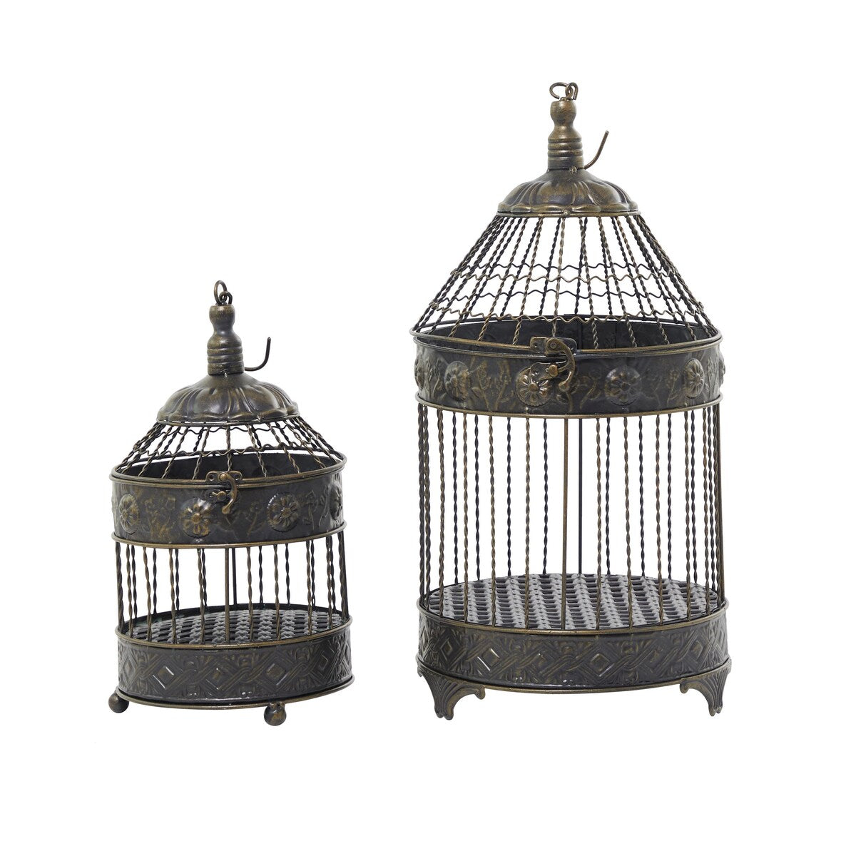 Metal Floral Antique Twisted Rod Birdcage with Latch Closure and Hanging Hook - Set of 2 Bronze - Roche River Decor