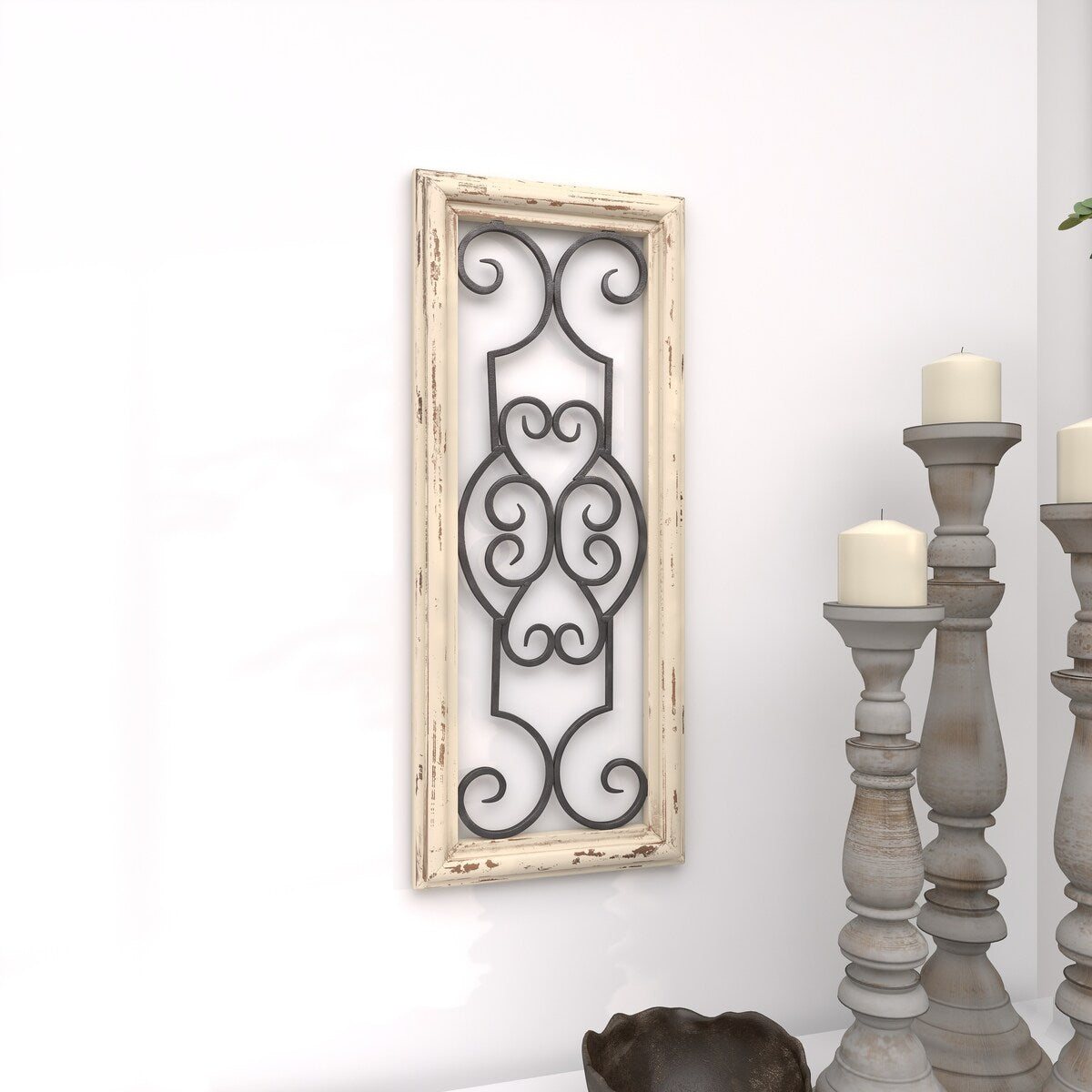 Wood Scroll Small Panel Home Wall Decor with Black Metal Scrollwork - White - Roche River Decor