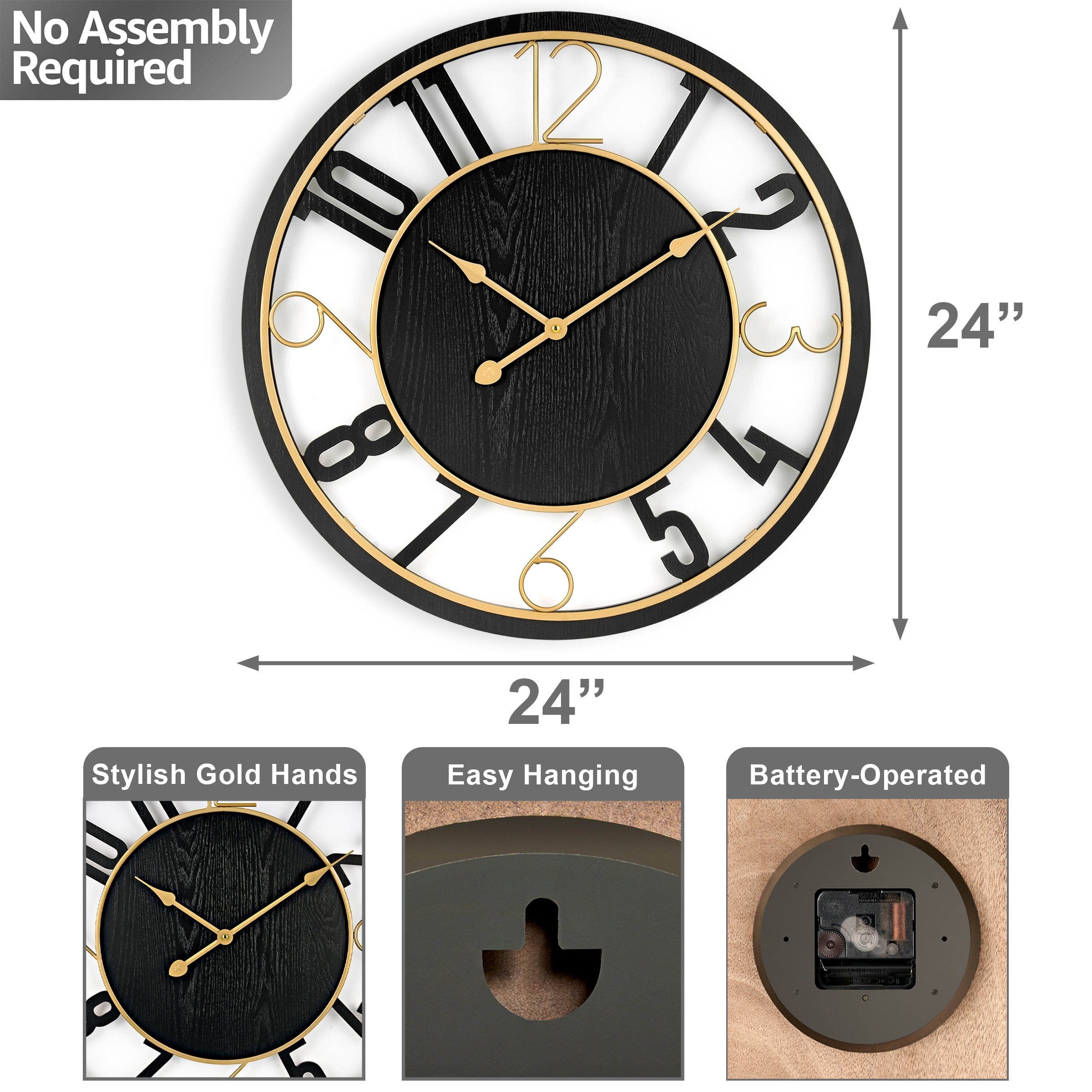 Sorbus Large 24 Decorative Round Wooden Analog Modern Wall Clock Battery Operated With Numeral Style Design