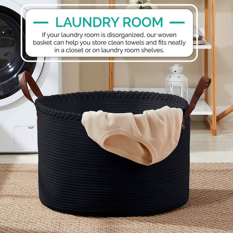 Large Round Cotton Rope Storage Basket Laundry Hamper with Leather Handles, 21 x 21 x 14 - 21 x 21 x 14