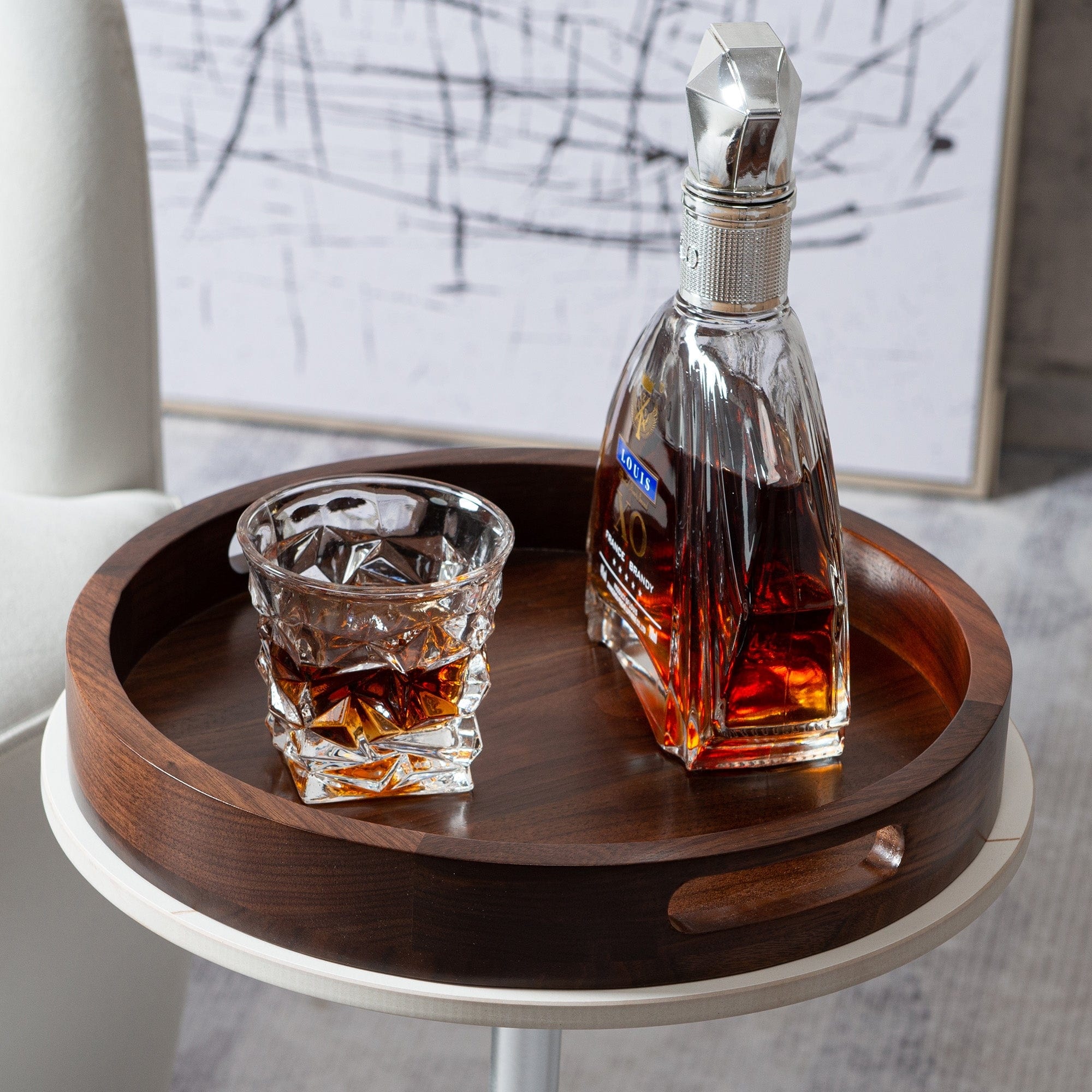 Round Black Walnut Wood Serving Tray Ottoman Tray with Handles