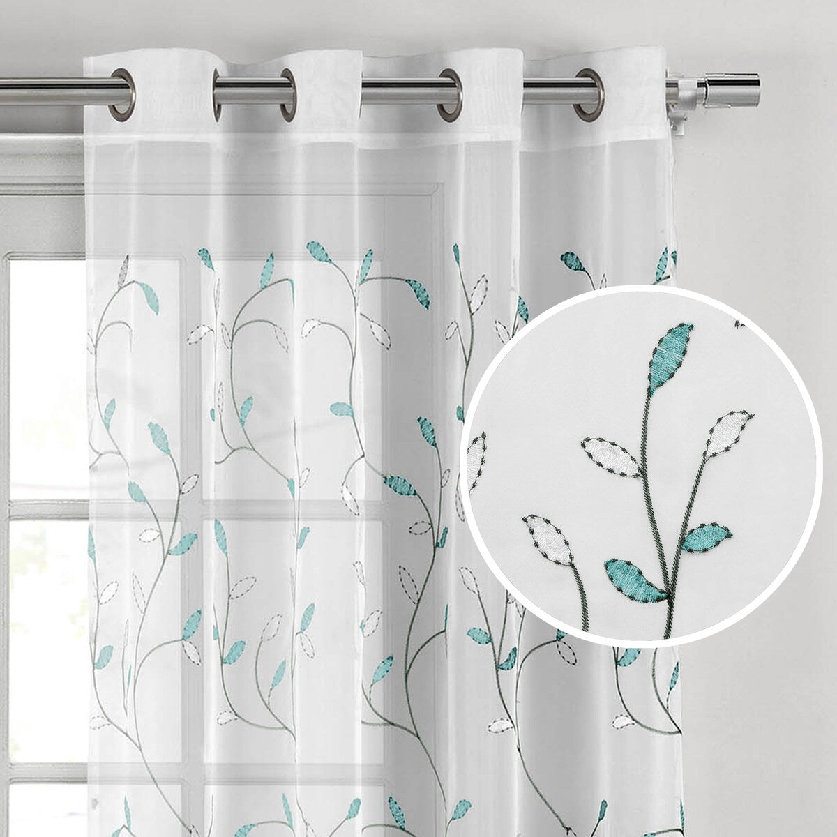 Wavy Leaves Embroidered Sheer Extra Wide Window Curtain (Single Panel)