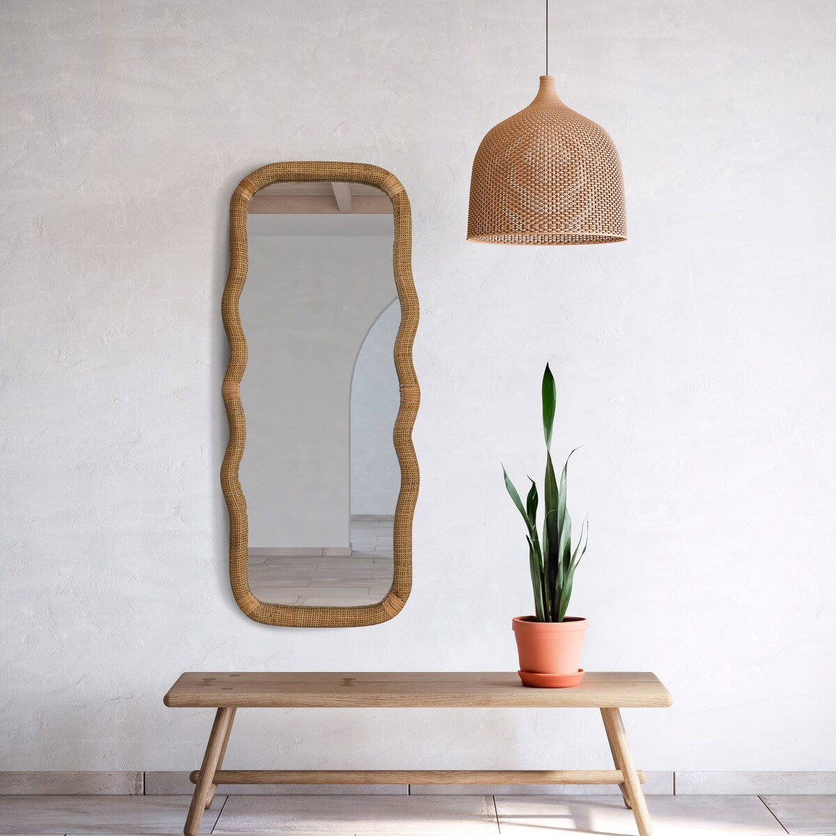 Wood and Rattan Wavy Mirror