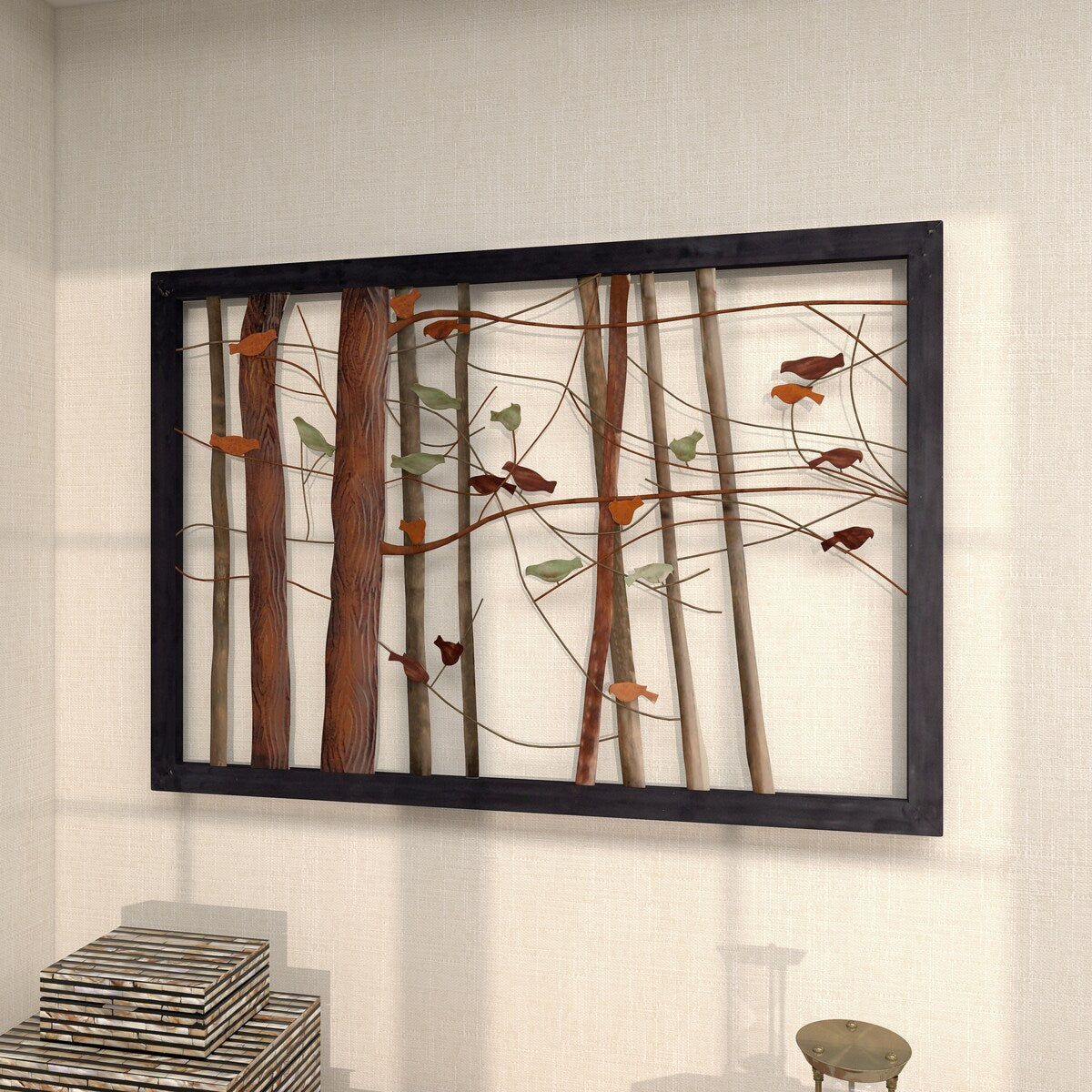 Metal Bird Cutout Home Wall Decor with Tree Branch Accents and Black Metal Frame - Multi Colored - Roche River Decor