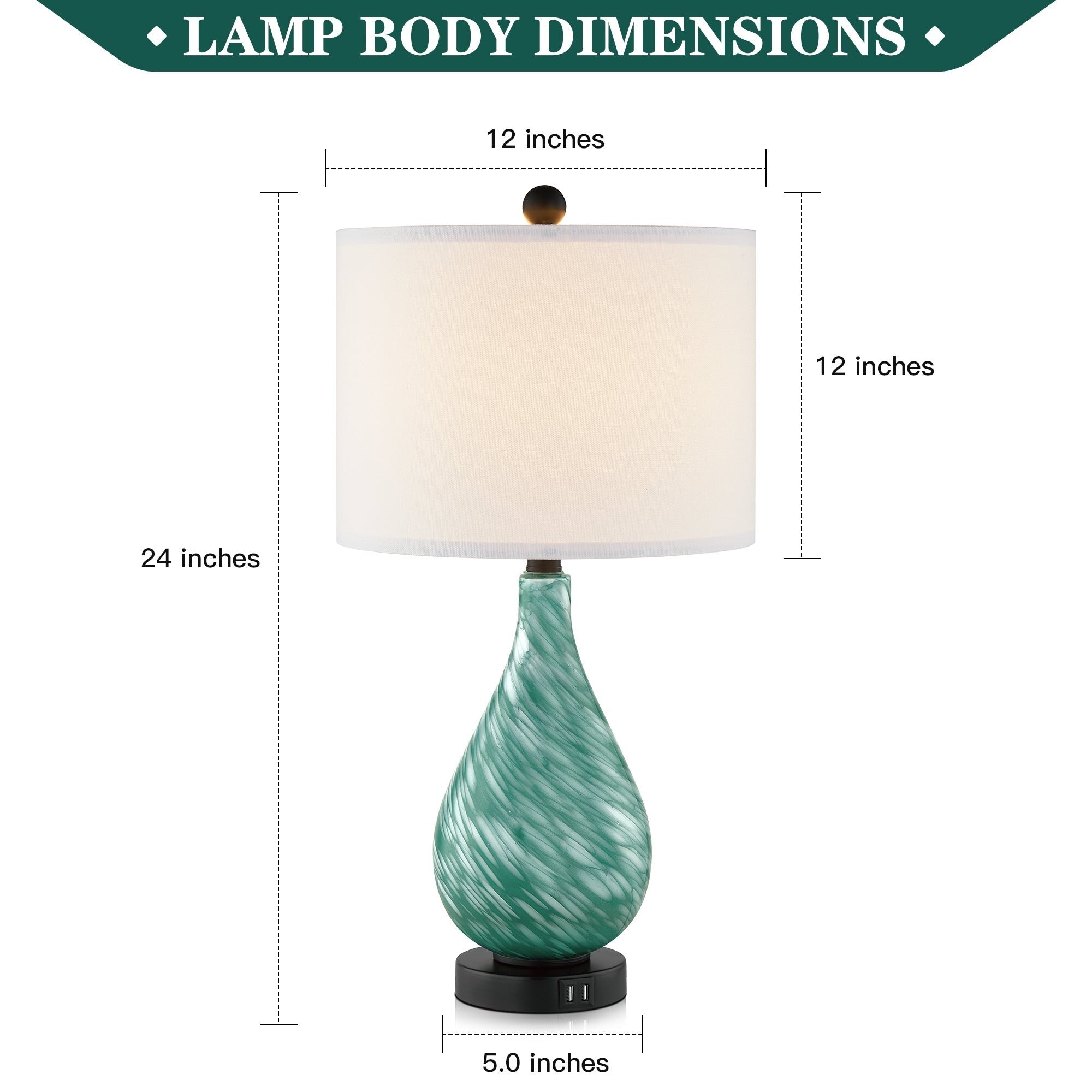 Cinkeda Table Lamp Teal Green Glass 3-Way Touch Dimming Dual USB Ports - 12'' x 12'' x 24'' (L x W x H)