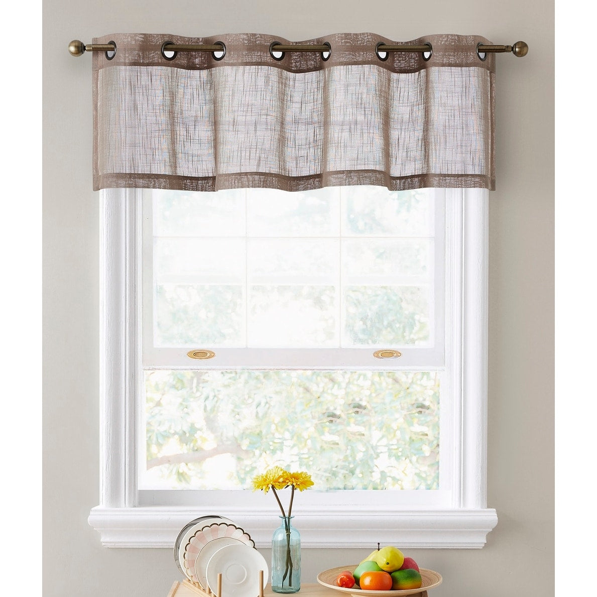 HLC.me Abbey Faux Linen Textured Semi Sheer Grommet Curtain Tiers Valance Small Windows, Bedroom & Bathroom