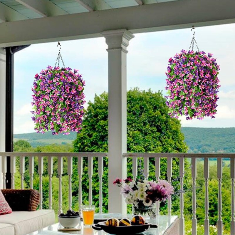 Artificial Hanging Flowers in Basket for Outdoor Spring Decoration,4pcs Faux Silk Violet Flower Bouquet UV Resistant