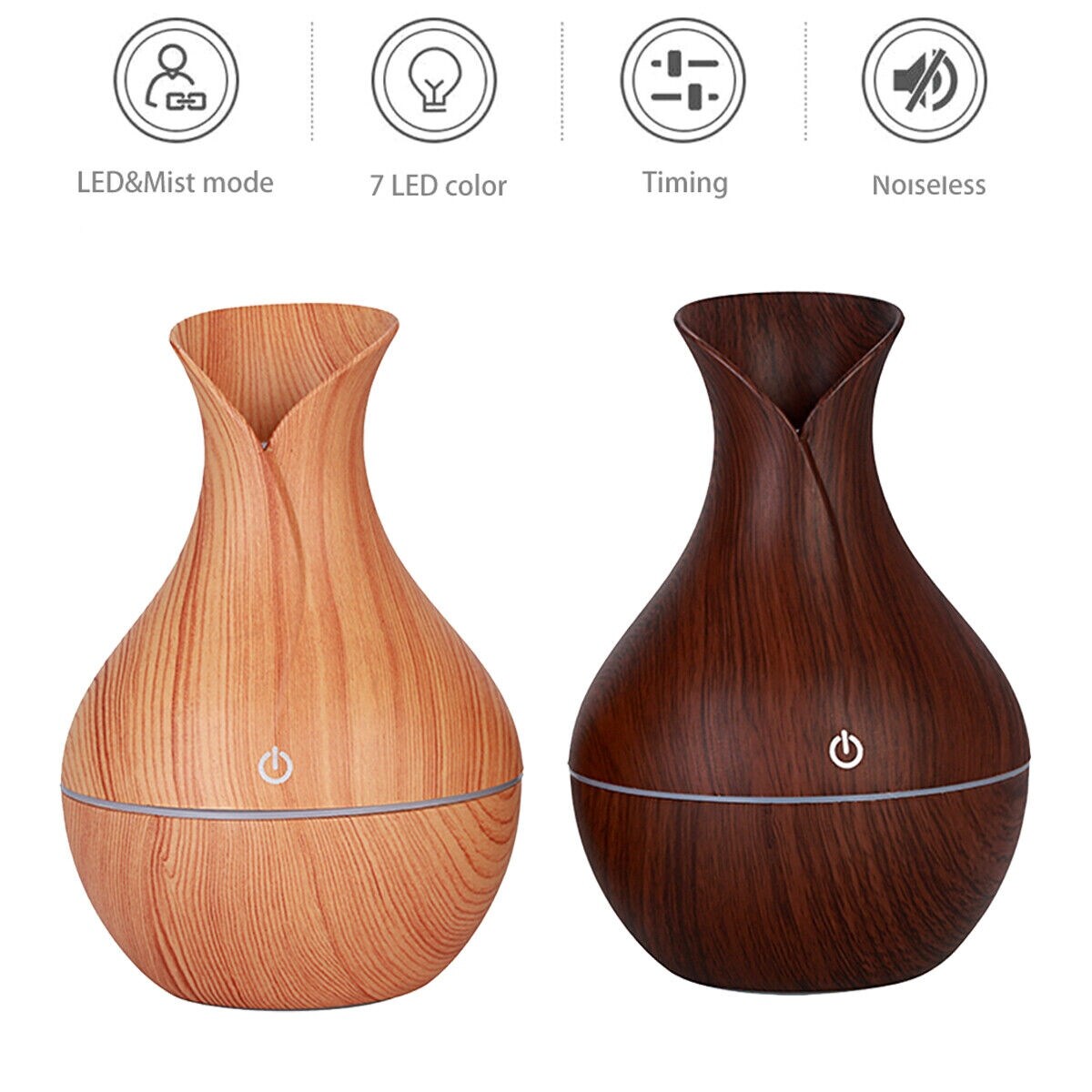 130ml Wood Grain Vase Diffuser with LED Aromatherapy Humidifier