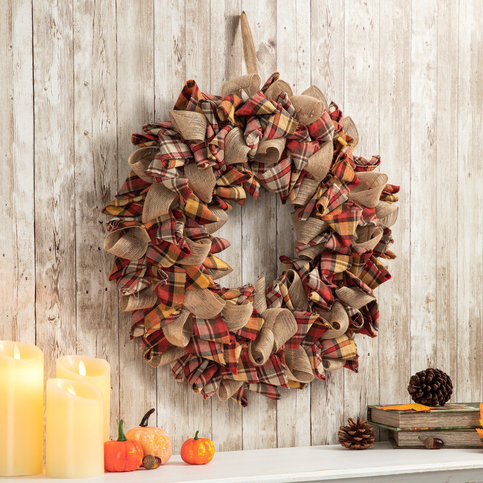 Glitzhome Fall Fabric Plaid Wreath or Garland Thanksgiving Party Decor