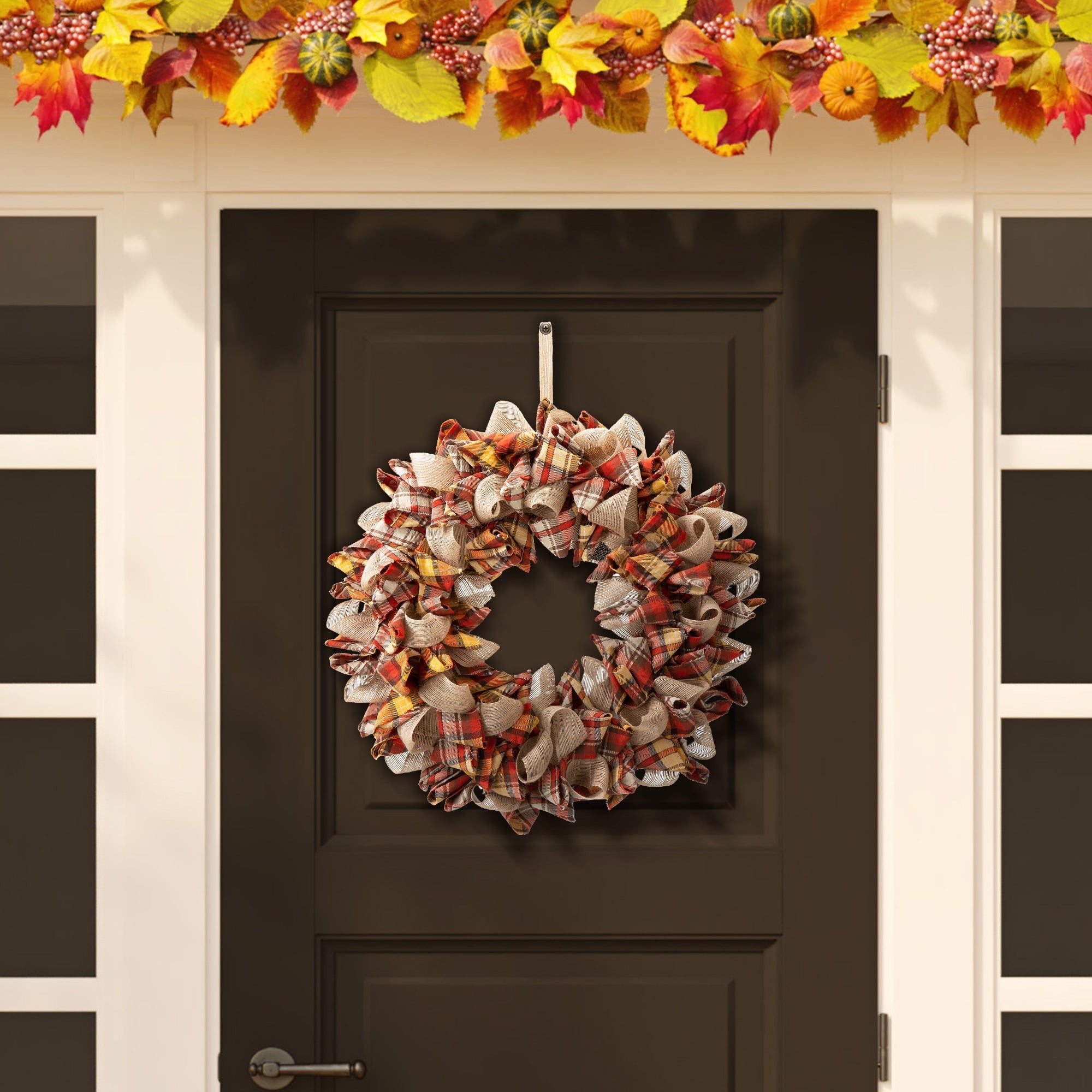 Glitzhome Fall Fabric Plaid Wreath or Garland Thanksgiving Party Decor