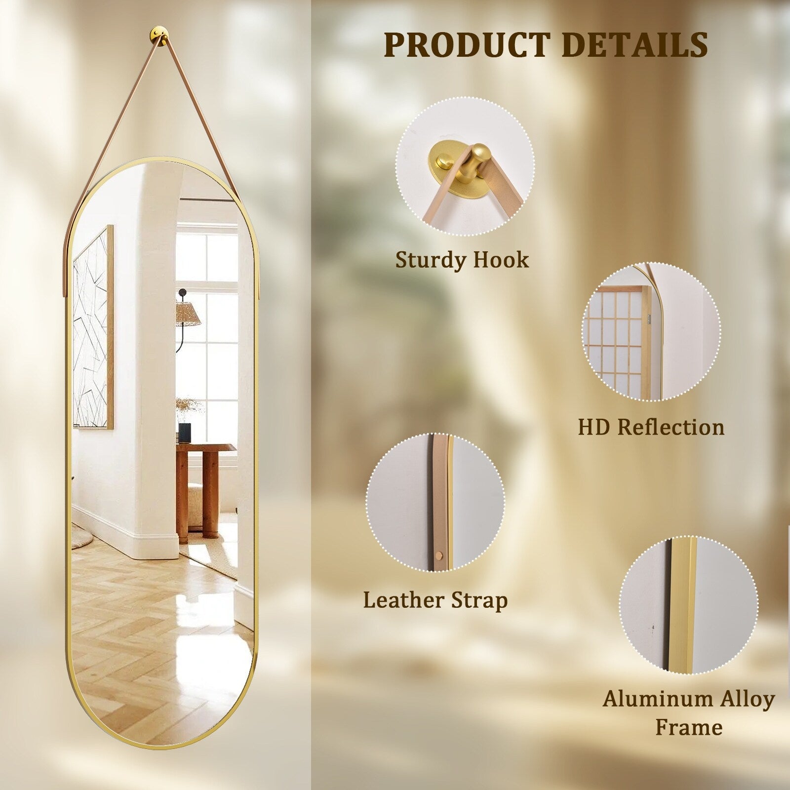 48 x 16 Full Length Hanging Wall Mirror with Leather Strap